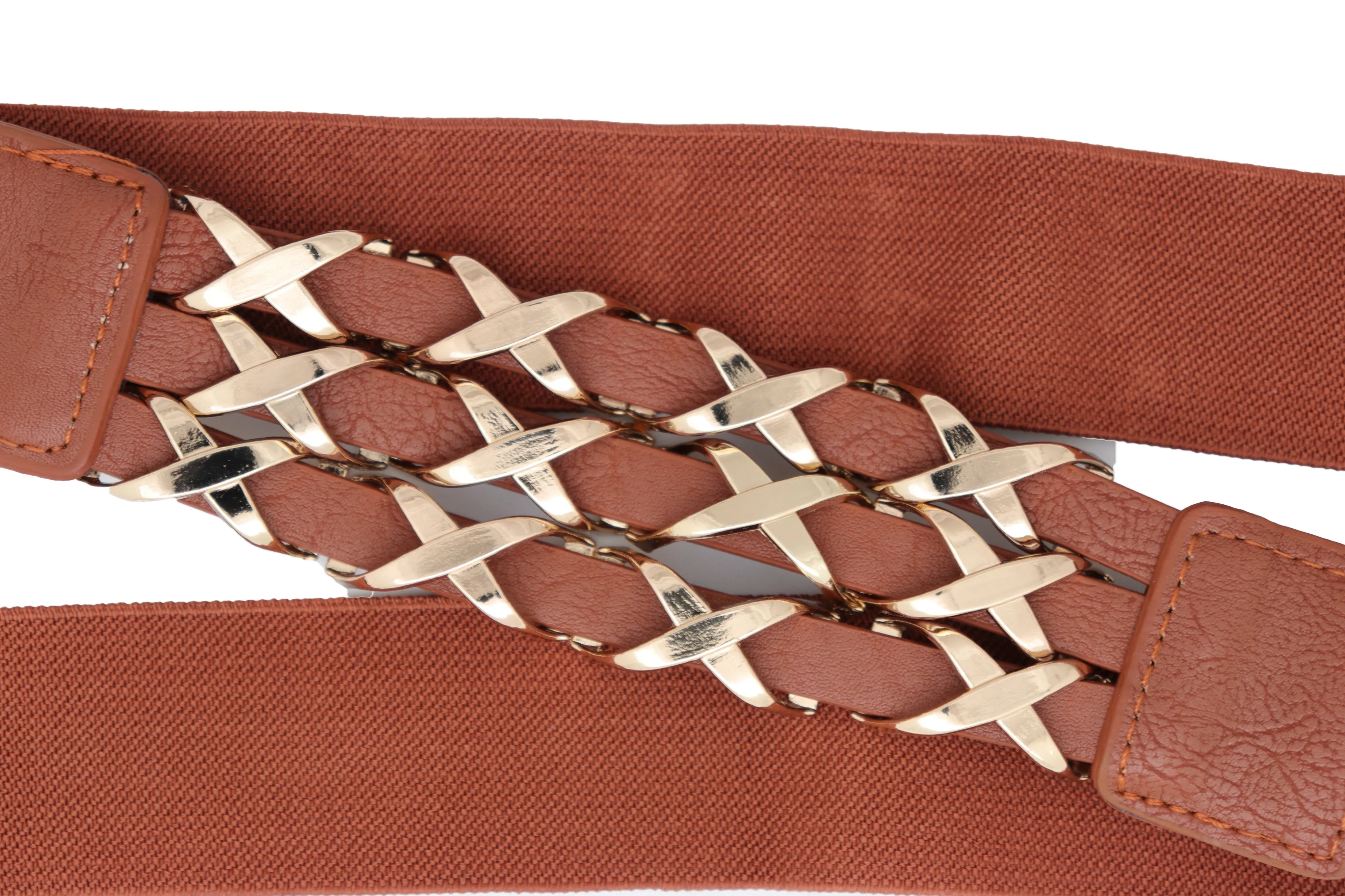 Brown Elastic Fashion Belt Gold Metal XX Charms Fit Size S M
