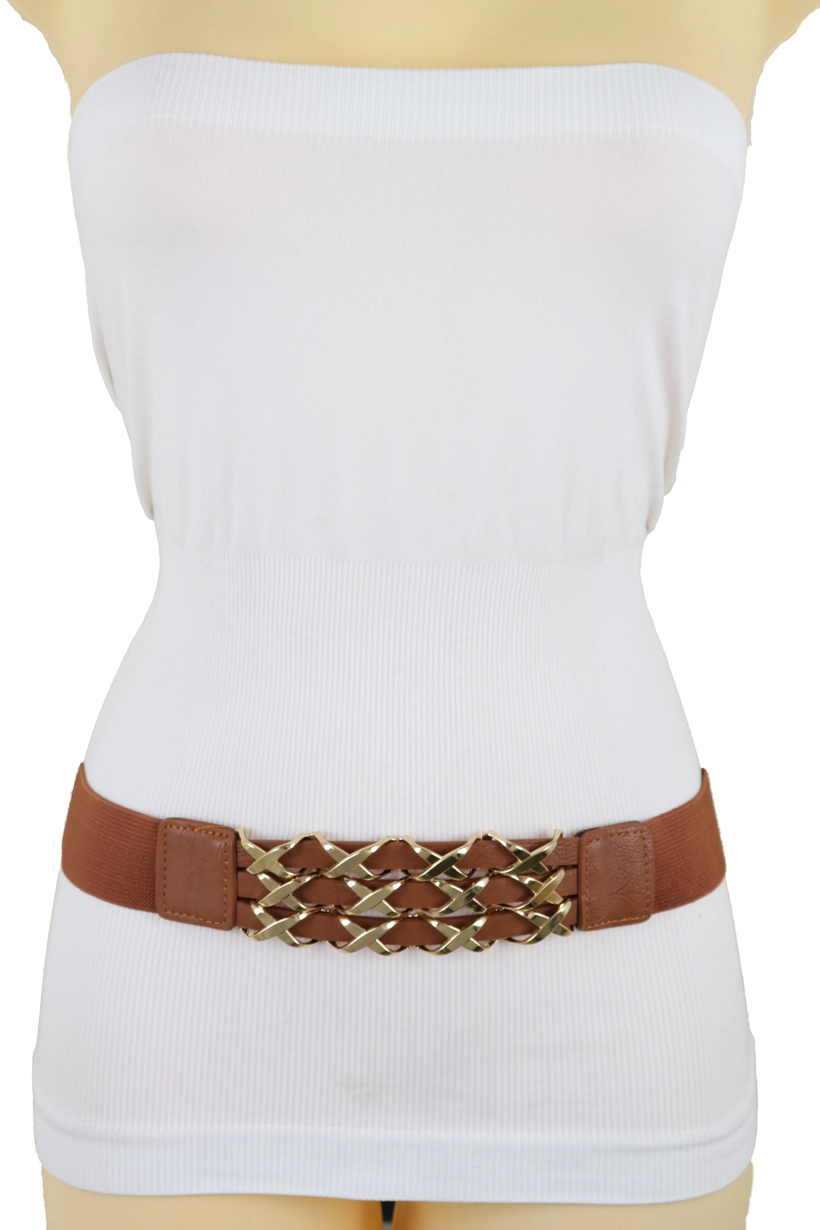 Brown Elastic Fashion Belt Gold Metal XX Charms Fit Size S M