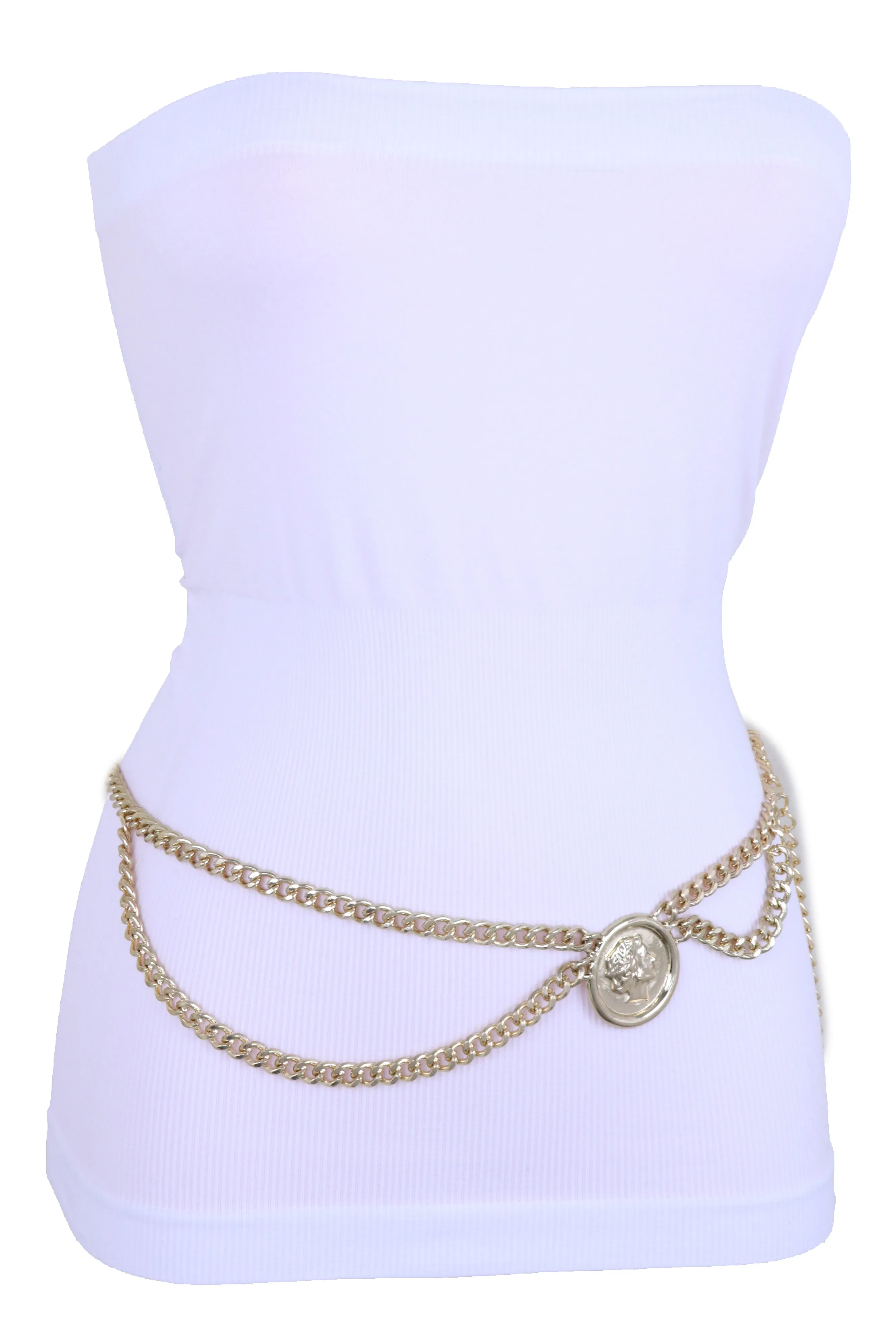 Brown Elastic Fashion Belt Gold Metal XX Charms Fit Size S M