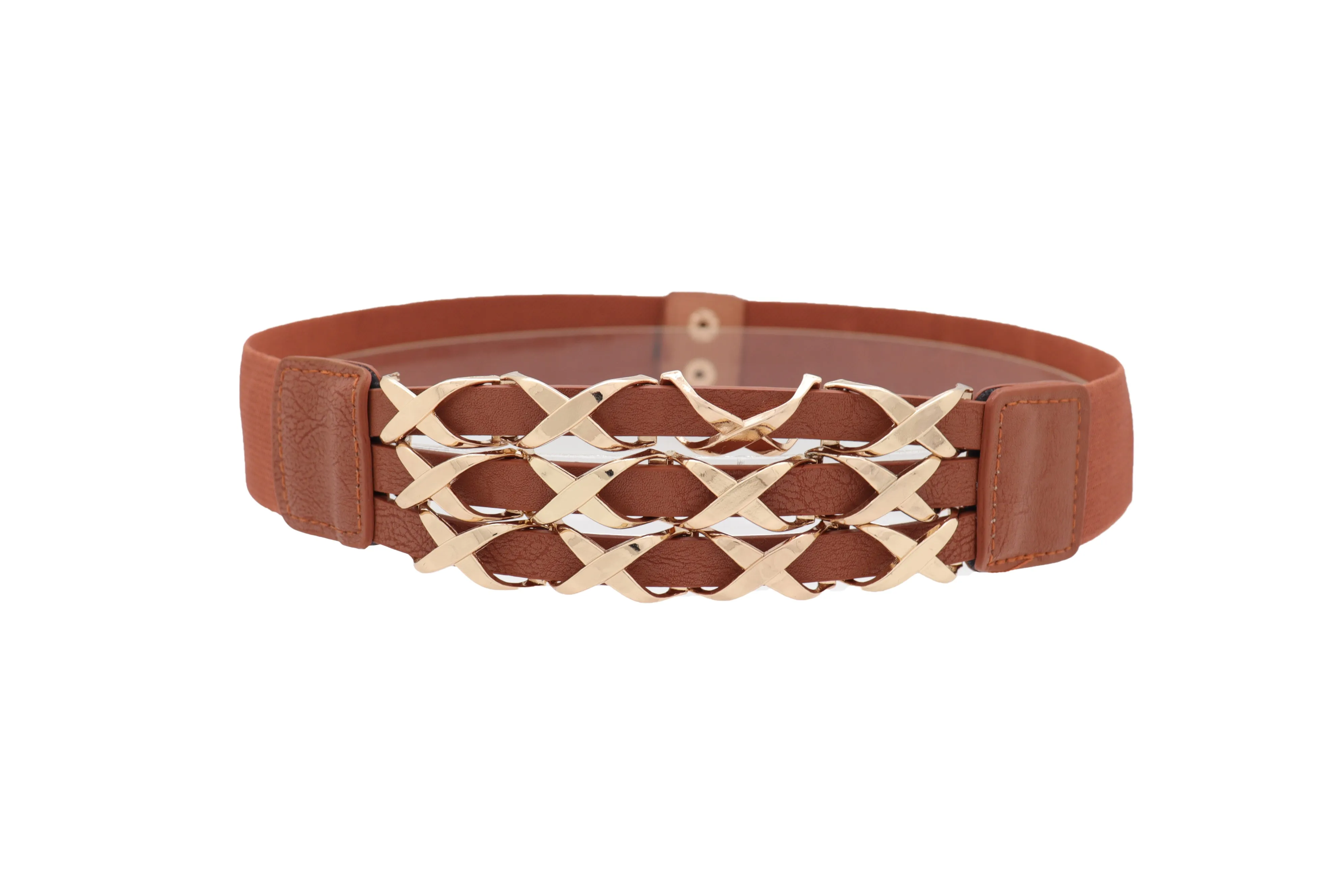 Brown Elastic Fashion Belt Gold Metal XX Charms Fit Size S M
