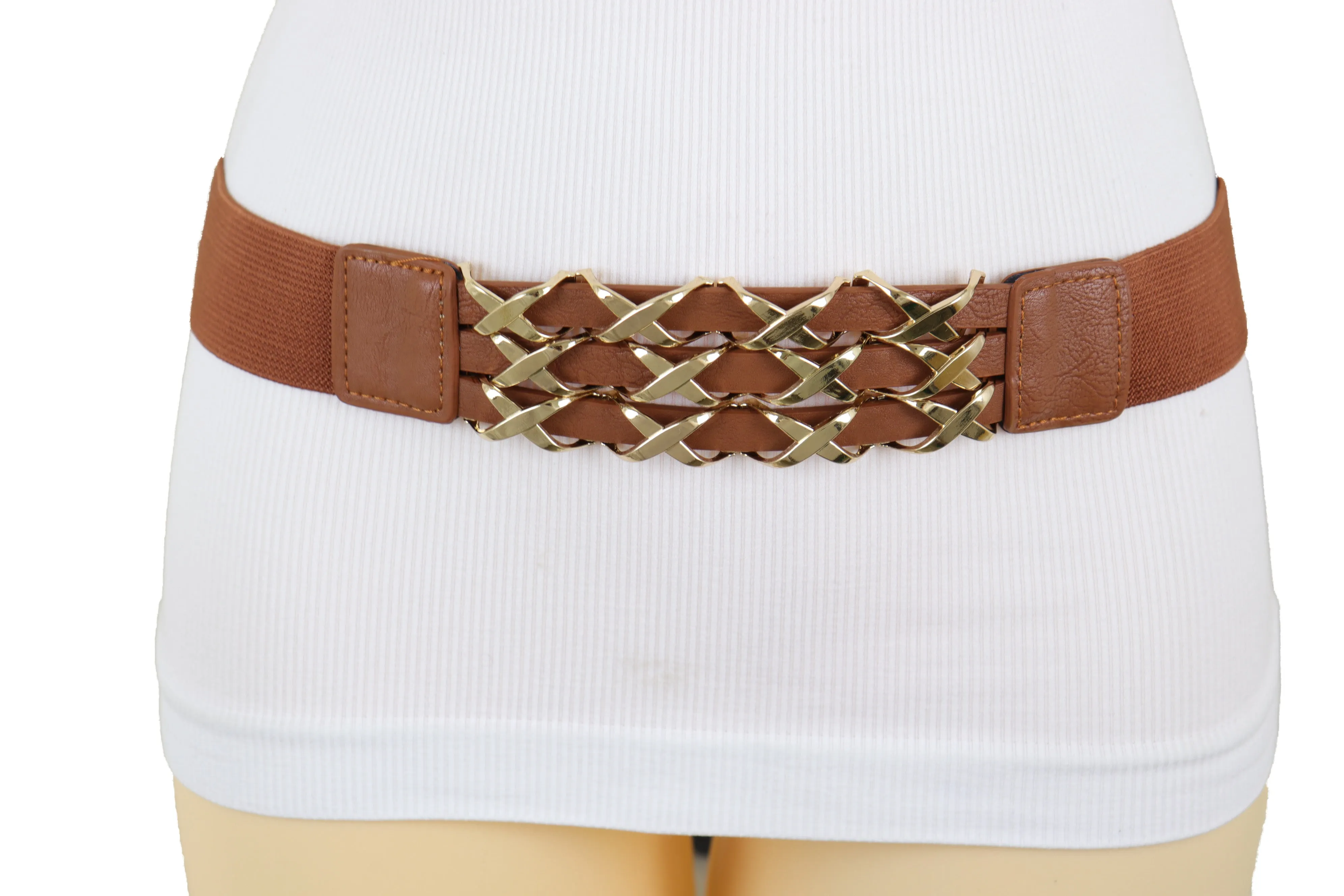 Brown Elastic Fashion Belt Gold Metal XX Charms Fit Size S M