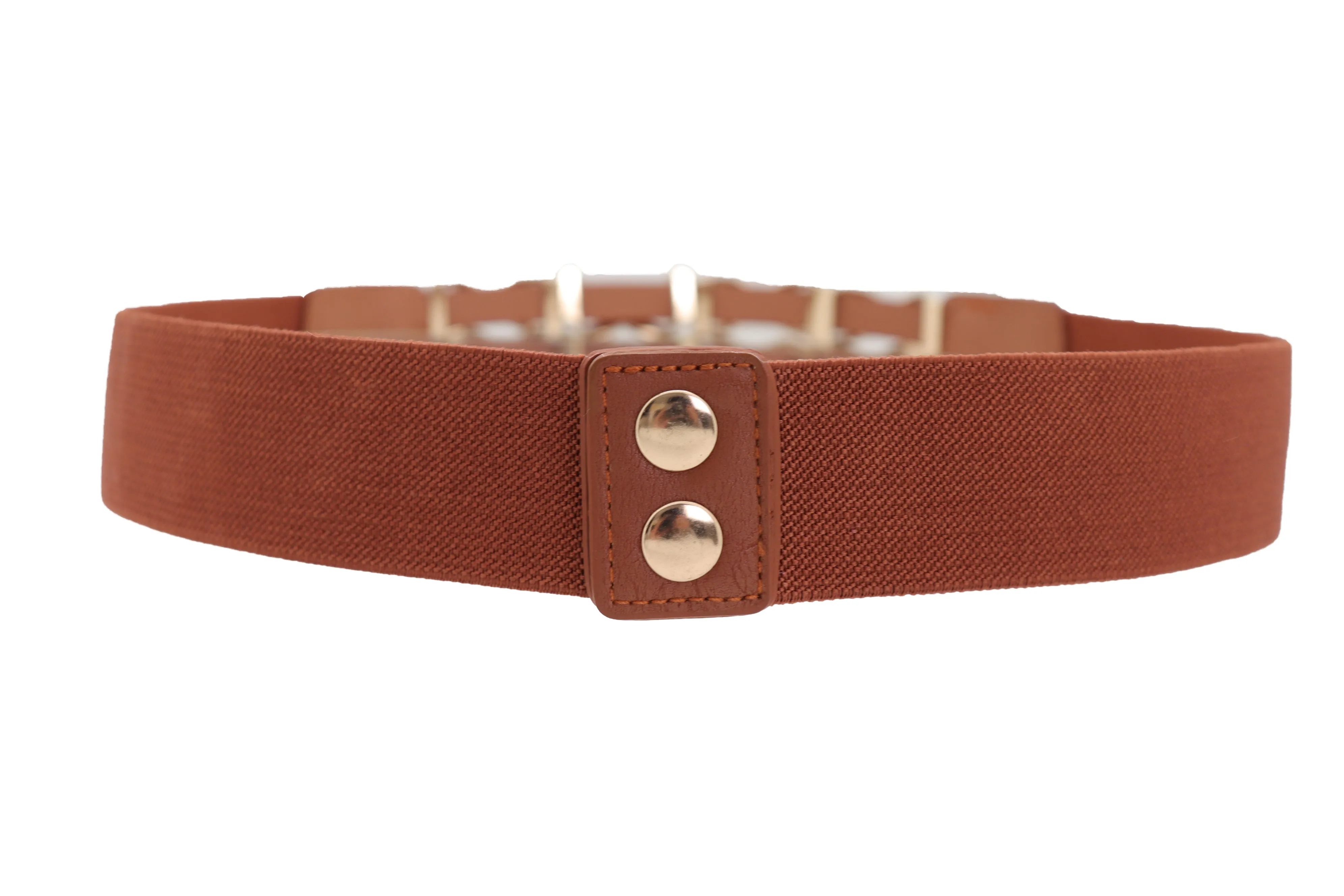 Brown Elastic Fashion Belt Gold Metal XX Charms Fit Size S M