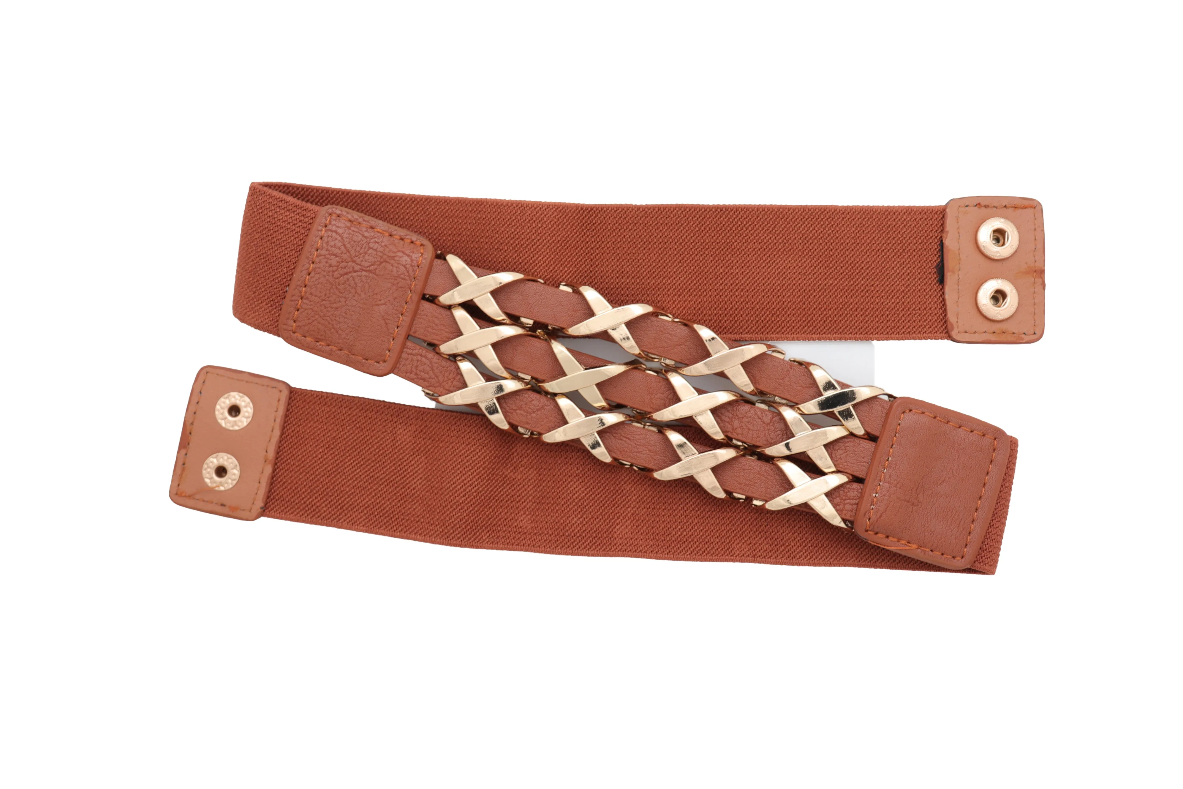 Brown Elastic Fashion Belt Gold Metal XX Charms Fit Size S M