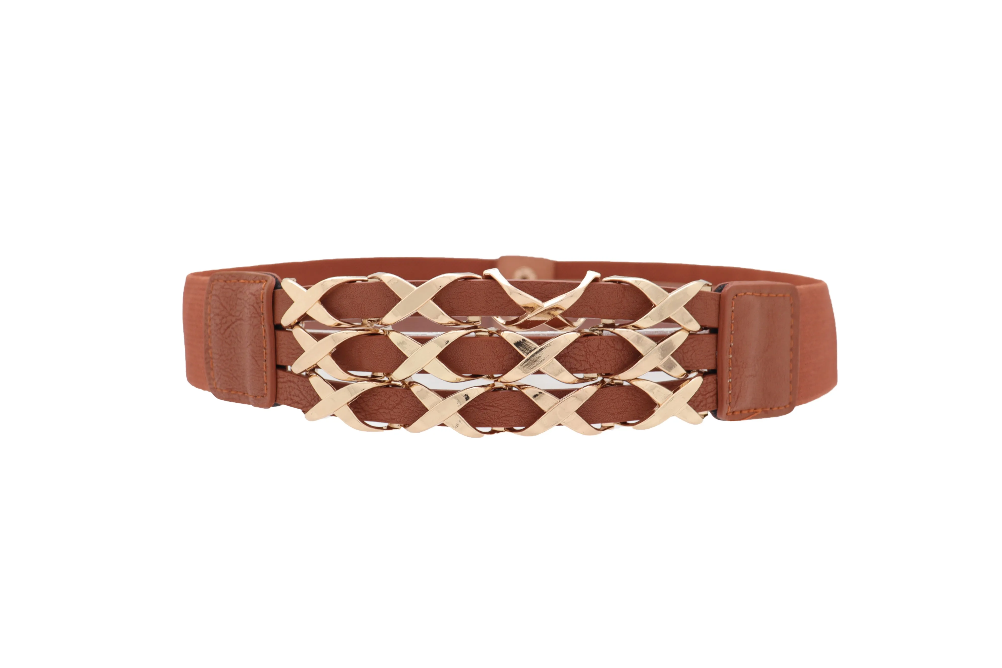 Brown Elastic Fashion Belt Gold Metal XX Charms Fit Size S M