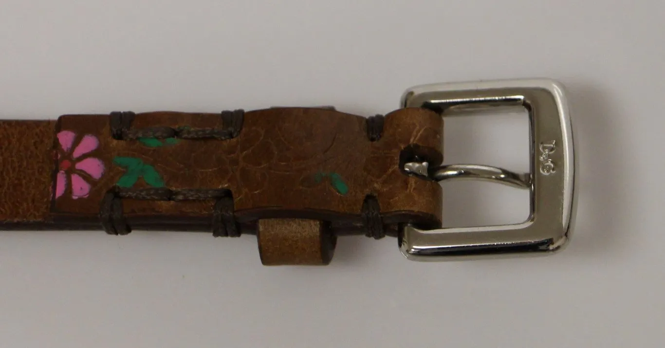 Brown Leather Floral Logo Belt
