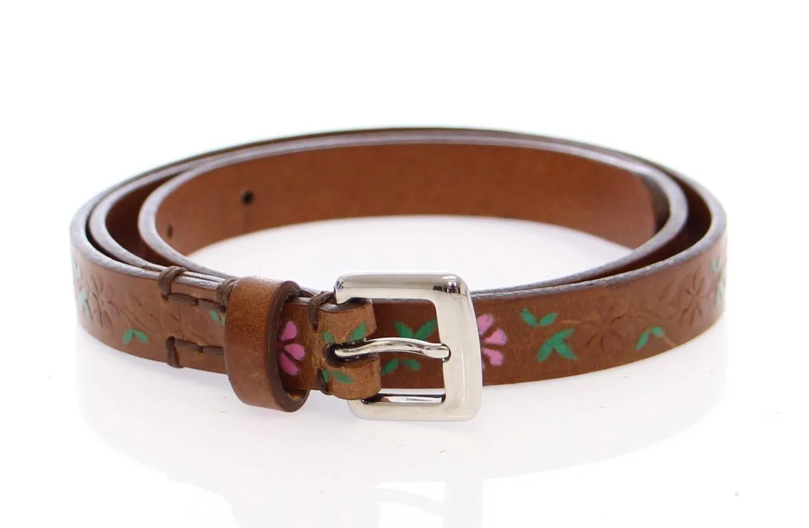 Brown Leather Floral Logo Belt