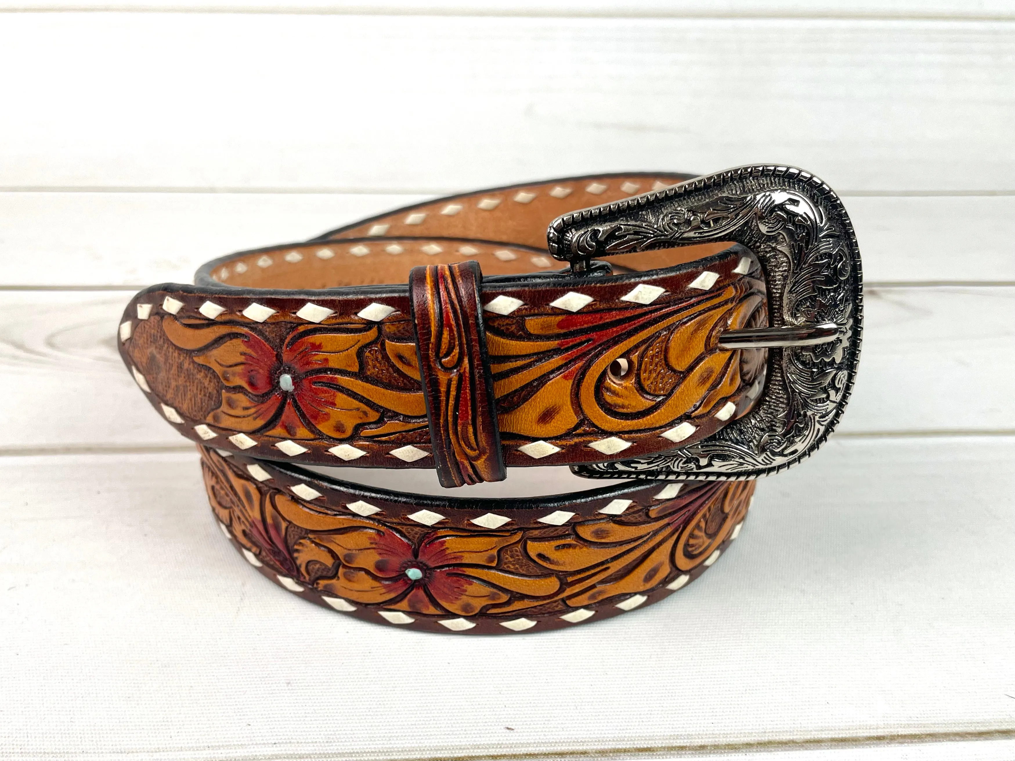 Buckstitch Floral Tooled Leather Woman’s Belt