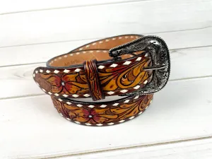 Buckstitch Floral Tooled Leather Woman’s Belt