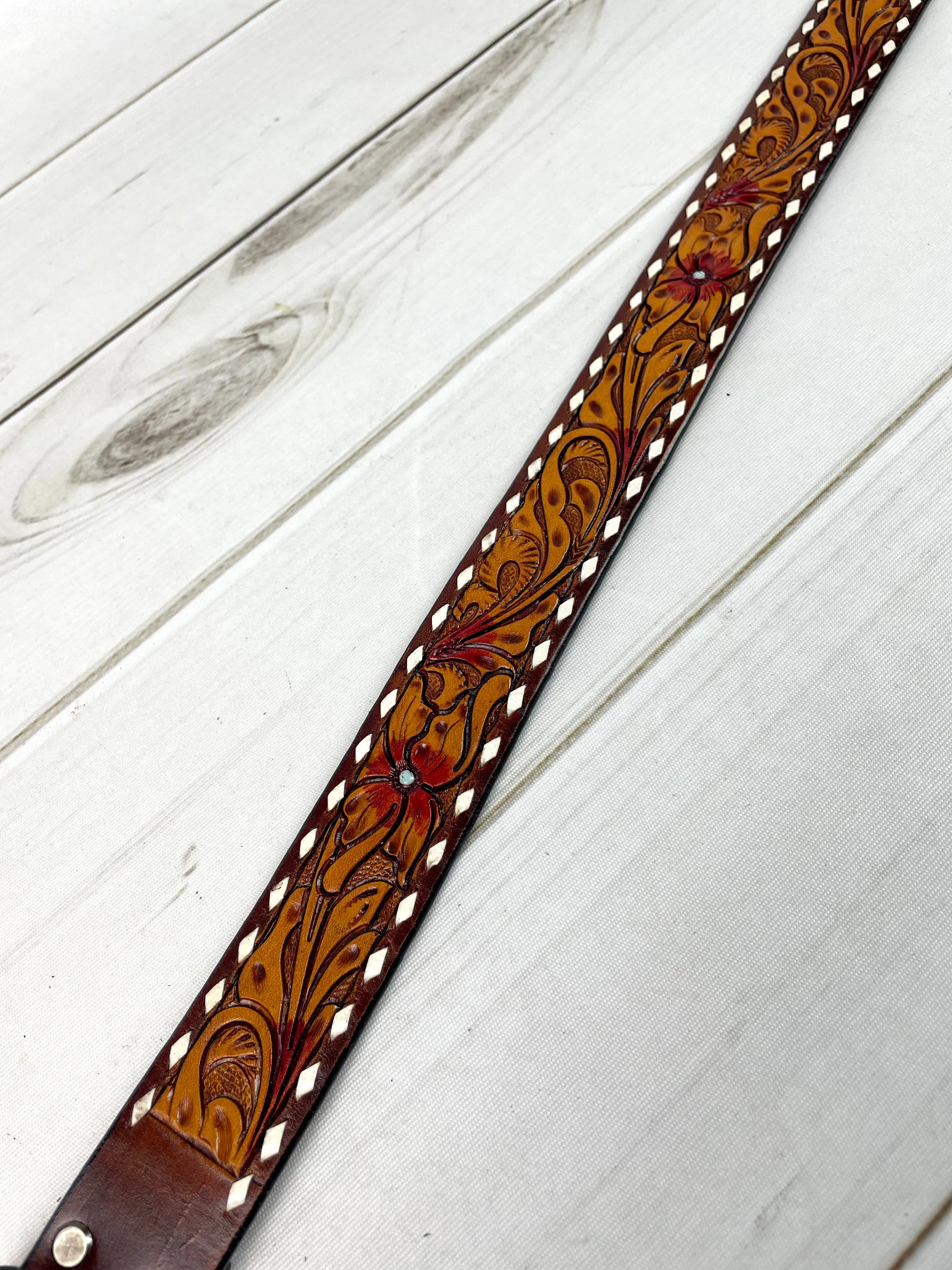 Buckstitch Floral Tooled Leather Woman’s Belt