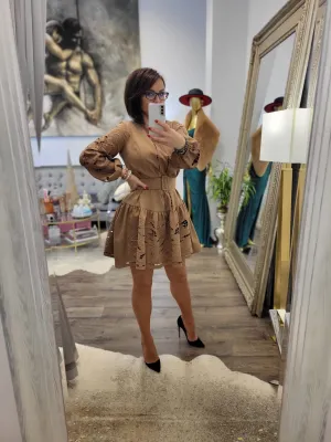 CARAMEL TUNIC STYLE FLAIR DRESS WITH A BELT