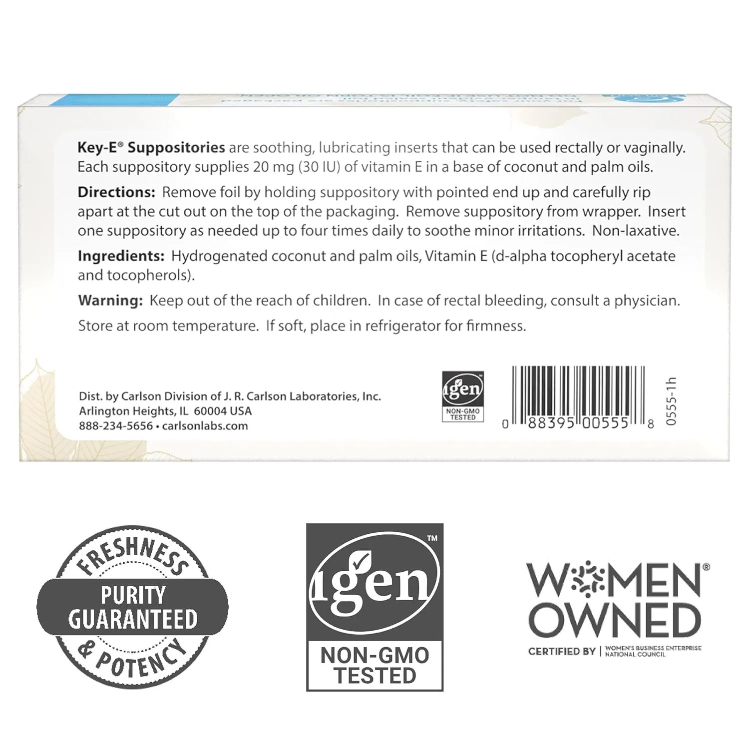 Carlson - Key-E Suppositories, 30 IU Vitamin E Suppository, Lubricates Dry Areas, Treatment for Women and Men, Vaginal & Rectal, 12 Count