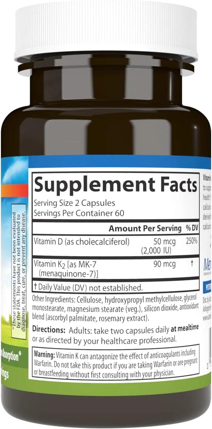 Carlson - Vitamin D3   K2, 50 mcg (2000 IU) Vitamin D3 & 90 mcg Vitamin K2 as MK7, Bone Support, Calcium Absorption, 120 Capsules
