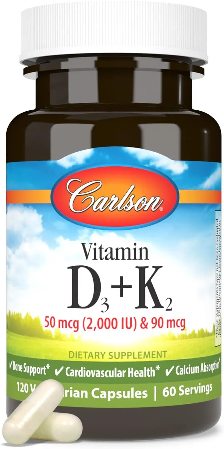 Carlson - Vitamin D3   K2, 50 mcg (2000 IU) Vitamin D3 & 90 mcg Vitamin K2 as MK7, Bone Support, Calcium Absorption, 120 Capsules