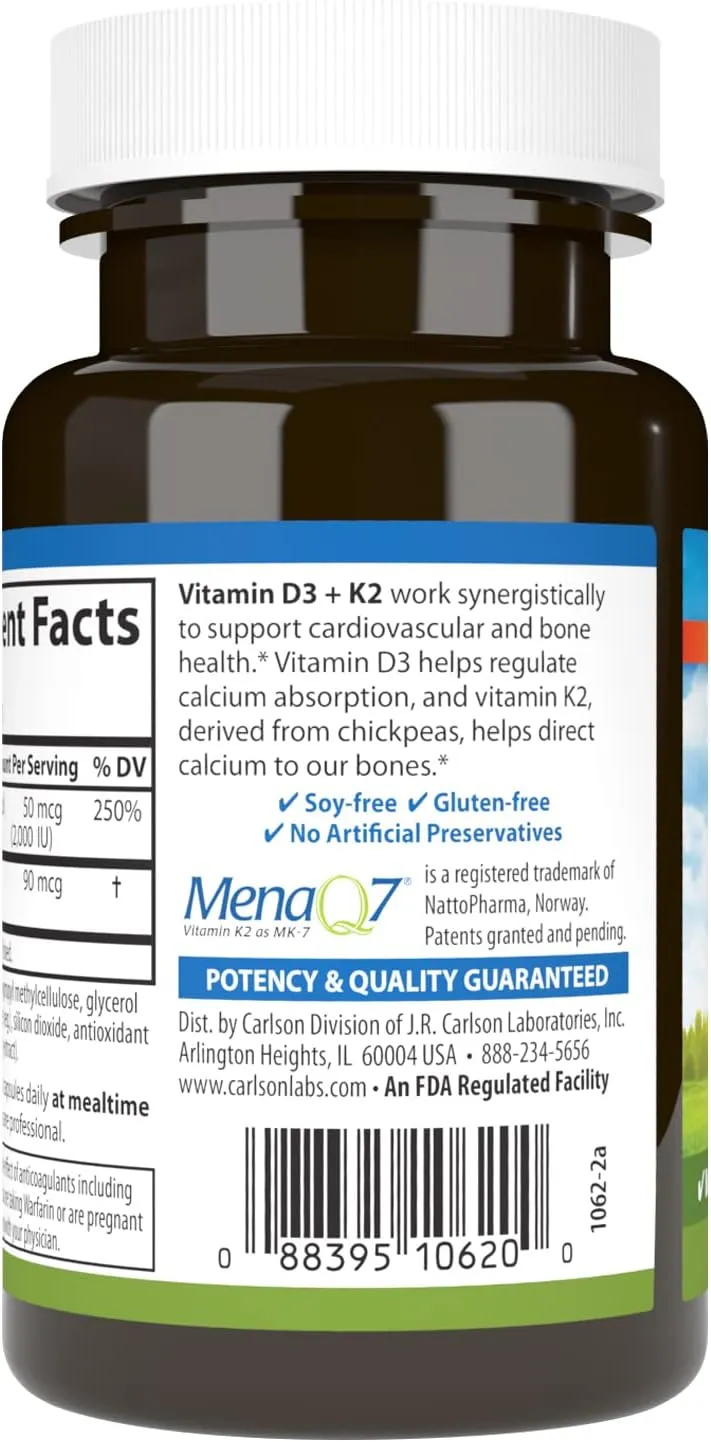 Carlson - Vitamin D3   K2, 50 mcg (2000 IU) Vitamin D3 & 90 mcg Vitamin K2 as MK7, Bone Support, Calcium Absorption, 120 Capsules