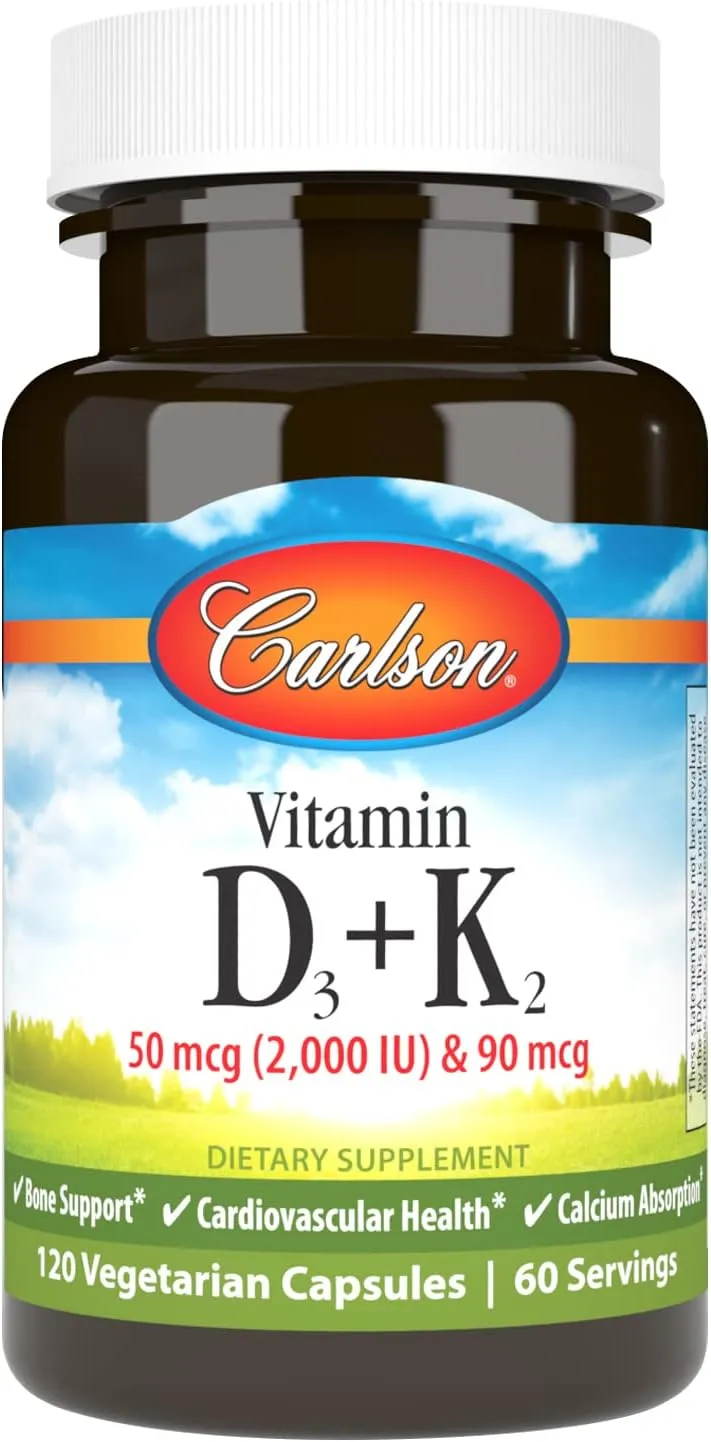 Carlson - Vitamin D3   K2, 50 mcg (2000 IU) Vitamin D3 & 90 mcg Vitamin K2 as MK7, Bone Support, Calcium Absorption, 120 Capsules