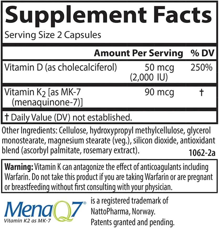 Carlson - Vitamin D3   K2, 50 mcg (2000 IU) Vitamin D3 & 90 mcg Vitamin K2 as MK7, Bone Support, Calcium Absorption, 120 Capsules