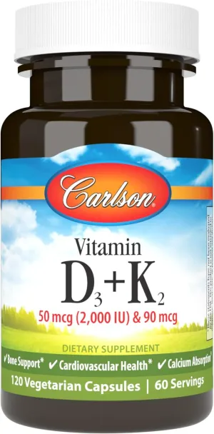 Carlson - Vitamin D3   K2, 50 mcg (2000 IU) Vitamin D3 & 90 mcg Vitamin K2 as MK7, Bone Support, Calcium Absorption, 120 Capsules