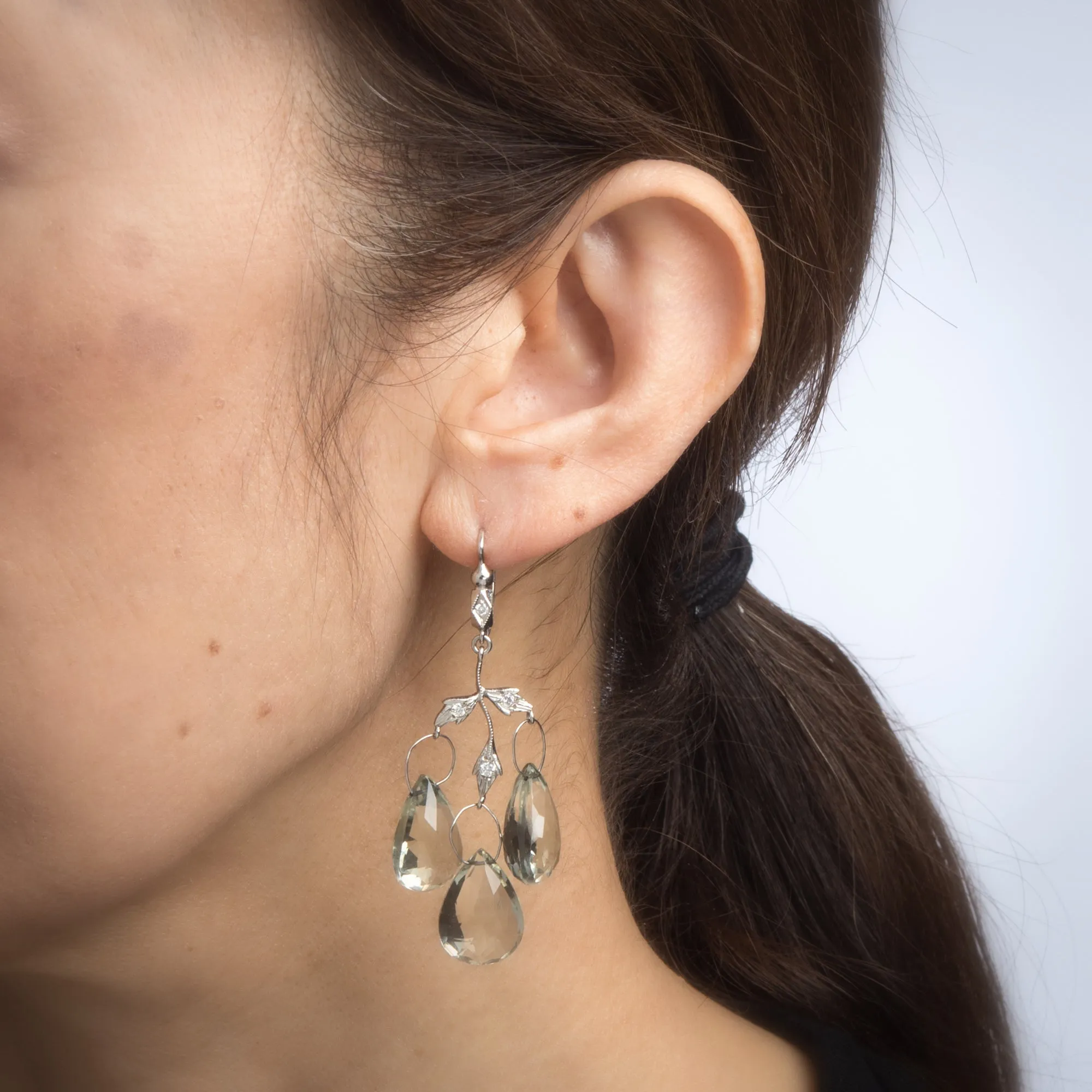 Cathy Waterman Prasiolite Diamond Earrings Leaf Triple Drop Estate Fine Jewelry