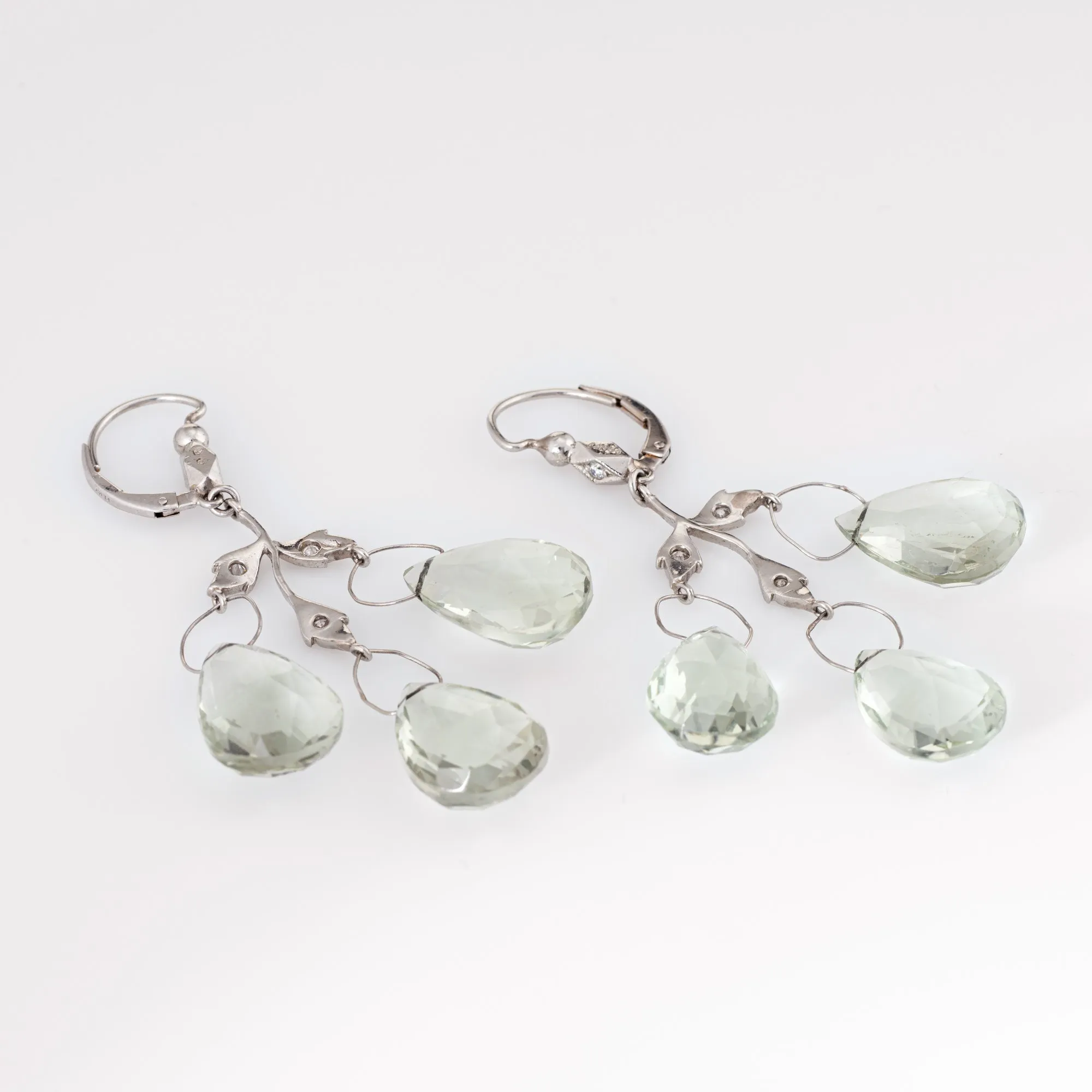 Cathy Waterman Prasiolite Diamond Earrings Leaf Triple Drop Estate Fine Jewelry