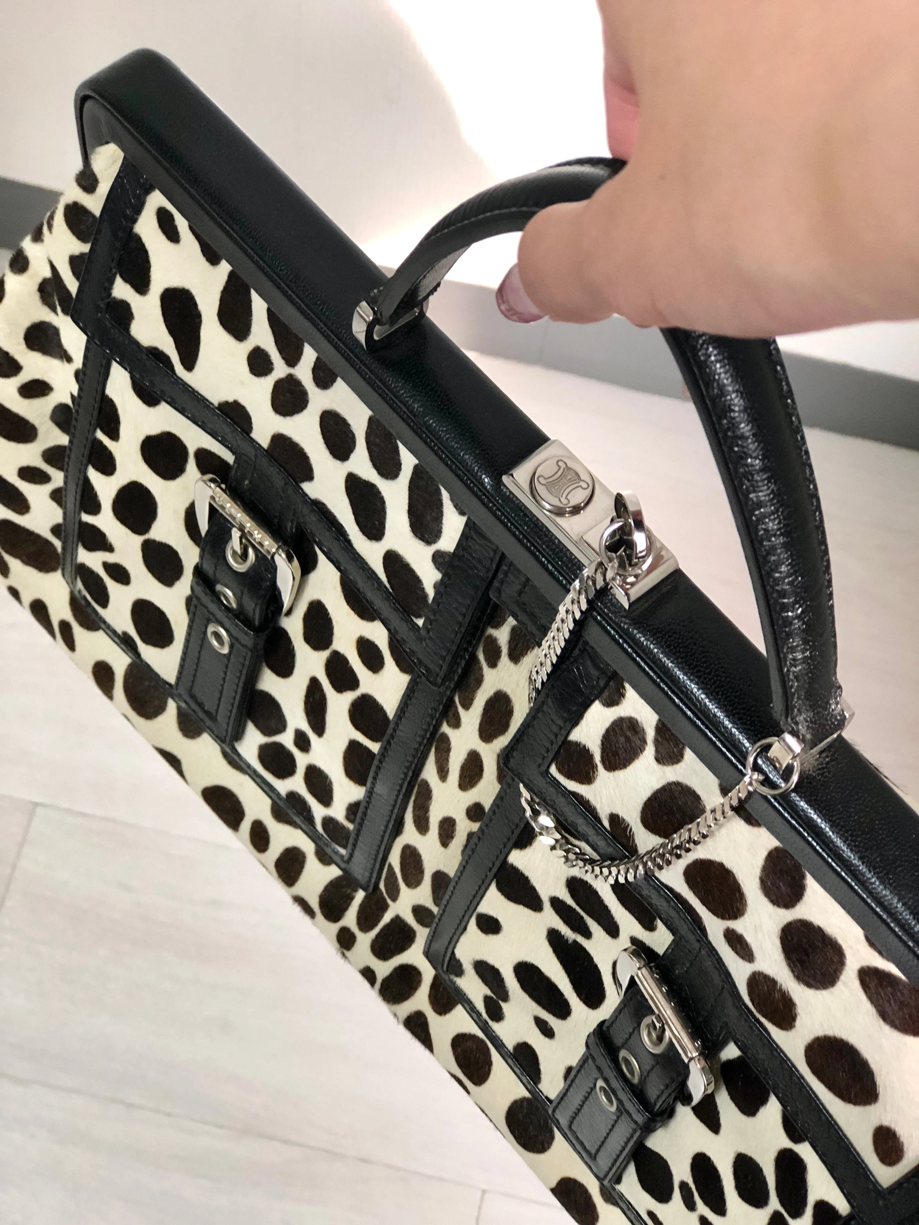 CELINE Dalmatian Pattern Unborn Calf Leather Clasp Handbag White Black Old CELINE Vintage e5d32i