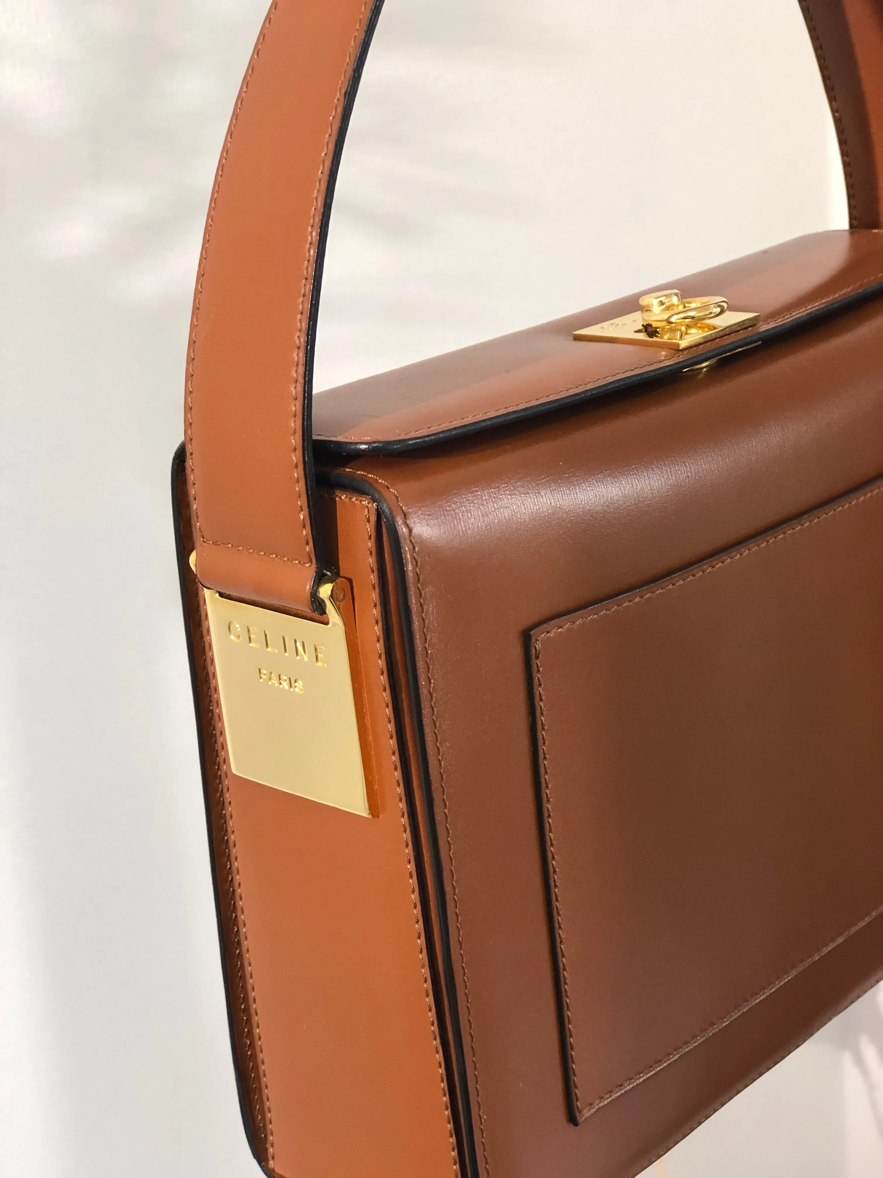 CELINE Gancini Logo Box Handbag Brown Vintage Old CELINE yv5uv8
