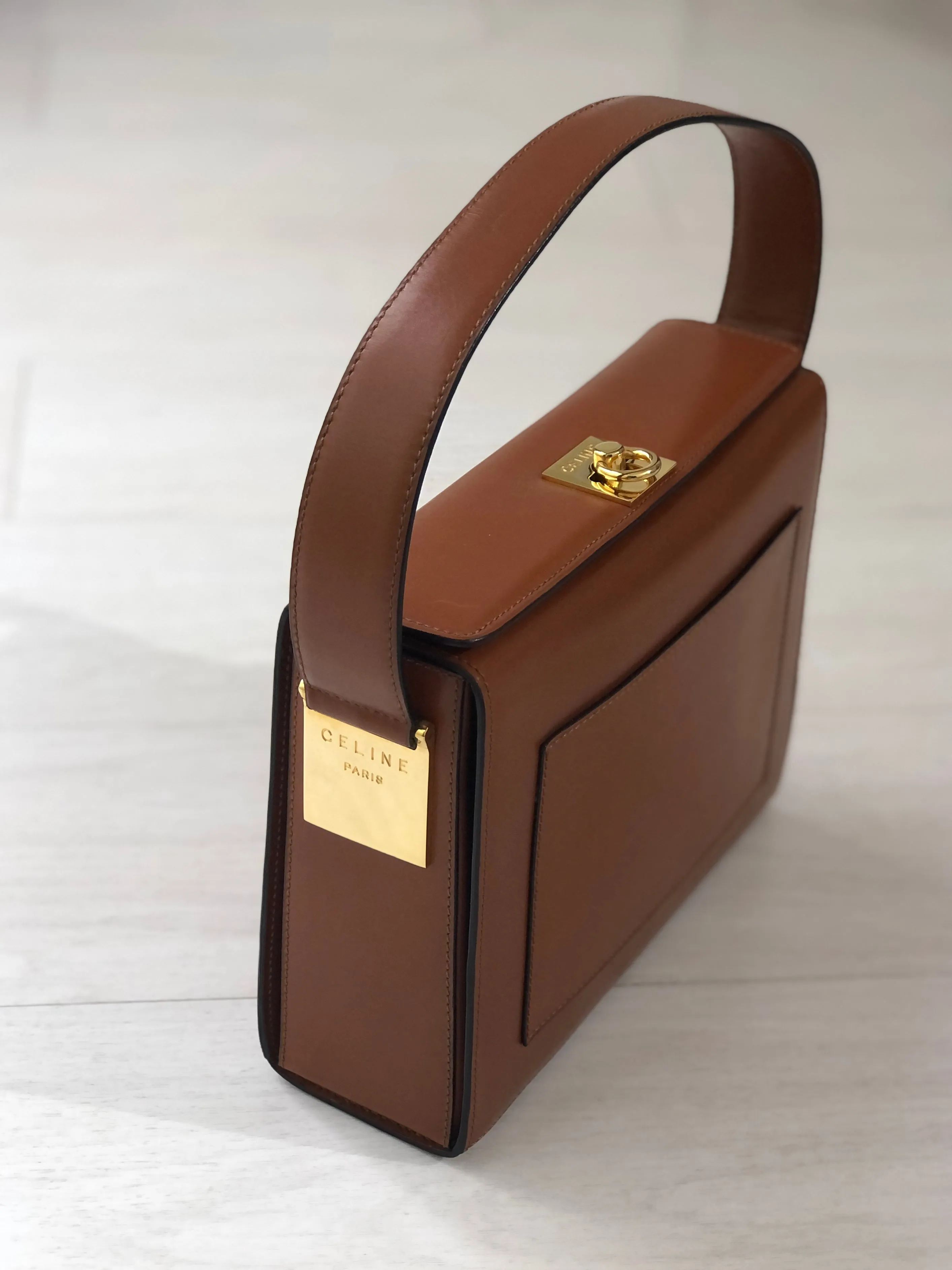 CELINE Gancini Logo Box Handbag Brown Vintage Old CELINE yv5uv8