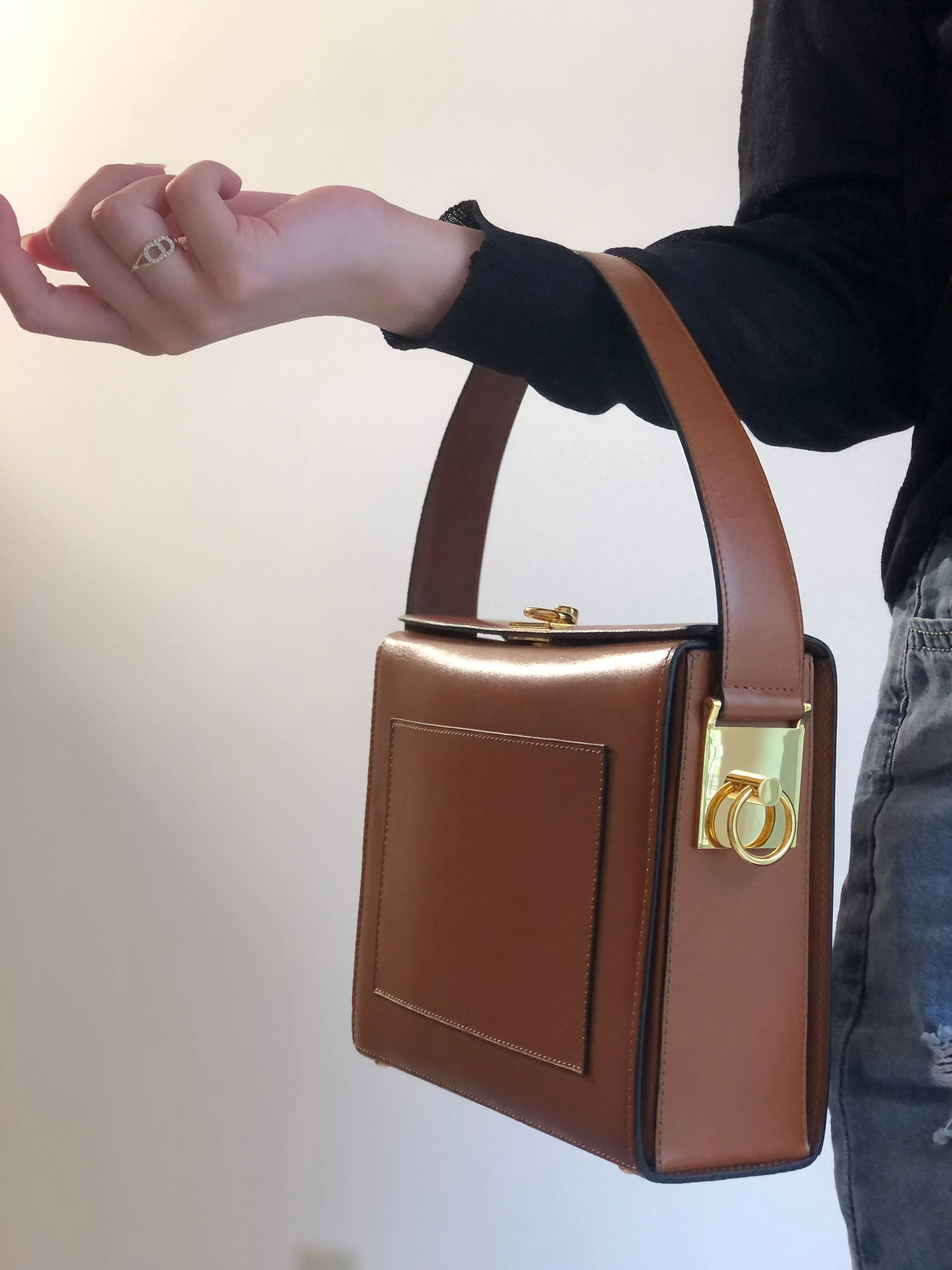 CELINE Gancini Logo Box Handbag Brown Vintage Old CELINE yv5uv8