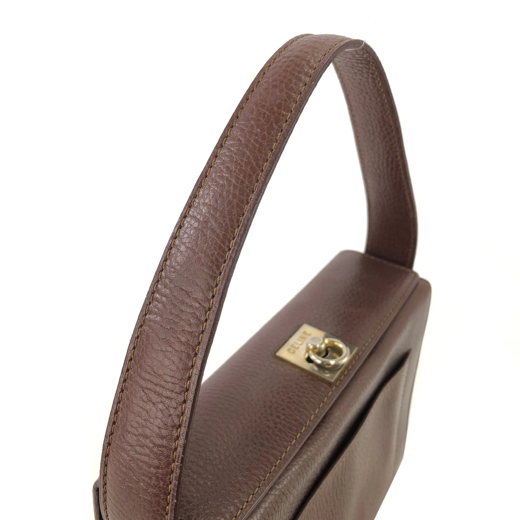 CELINE Gancini Logo Motif Square Leather Handbag Brown Vintage e8kt7d