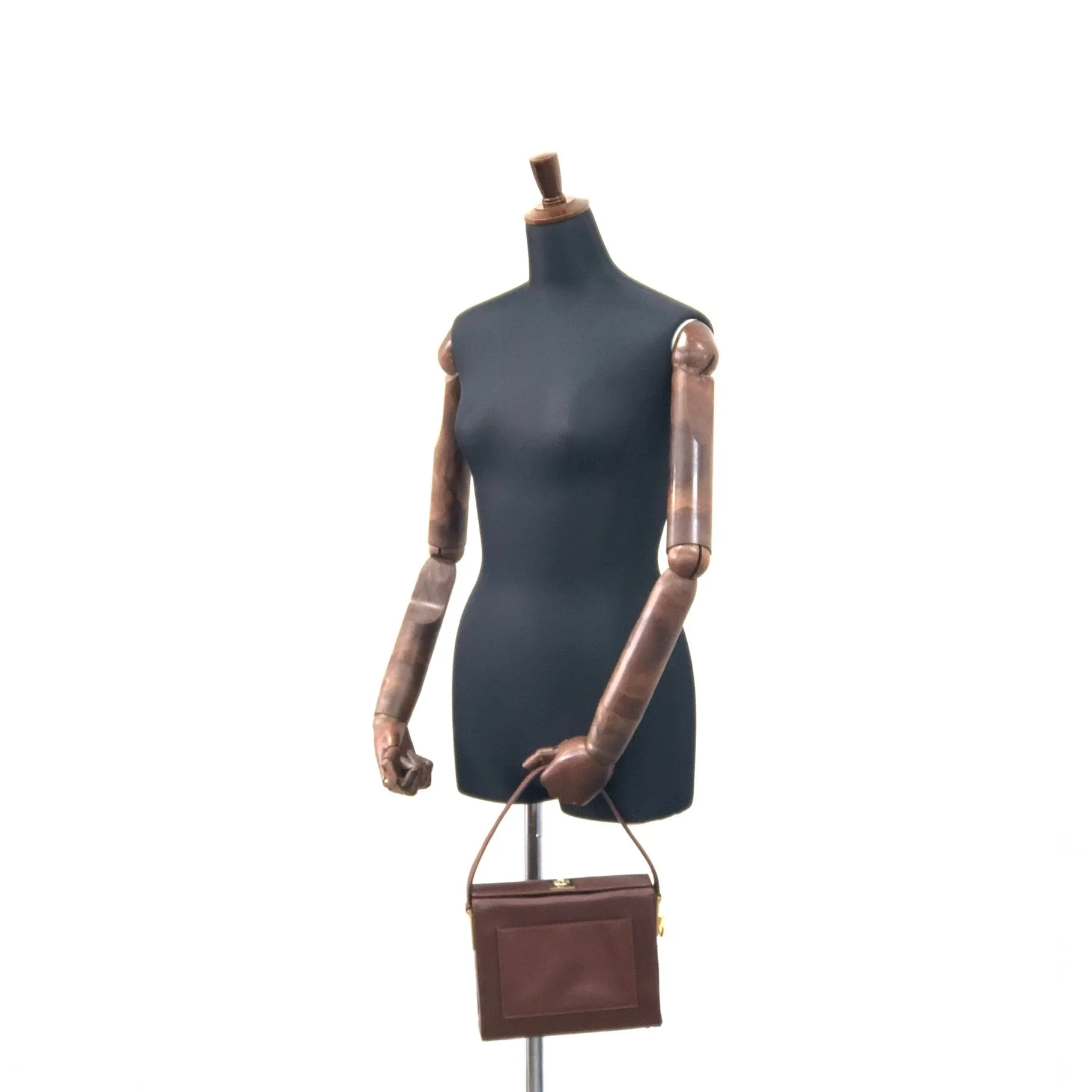 CELINE Gancini Logo Motif Square Leather Handbag Brown Vintage e8kt7d
