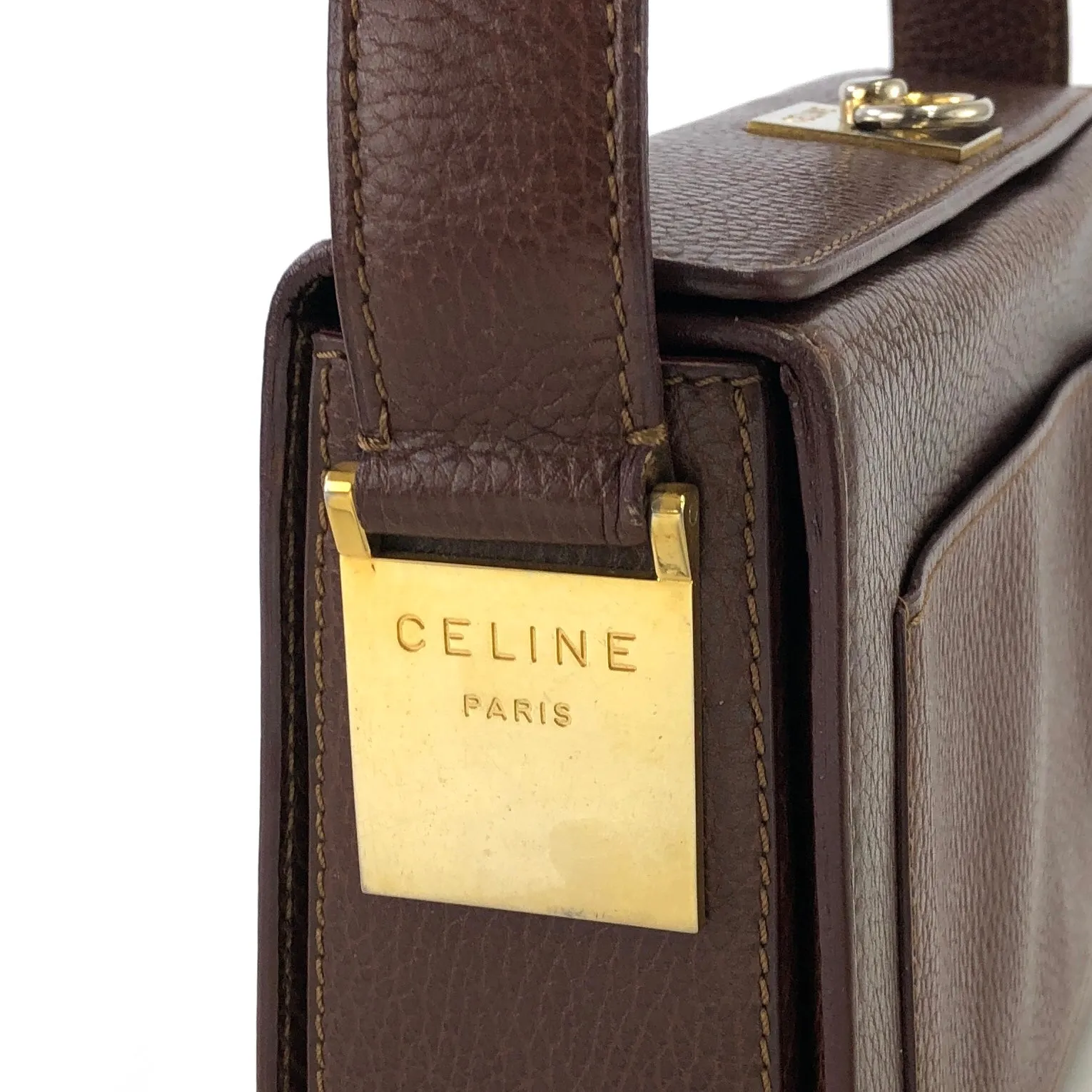 CELINE Gancini Logo Motif Square Leather Handbag Brown Vintage e8kt7d