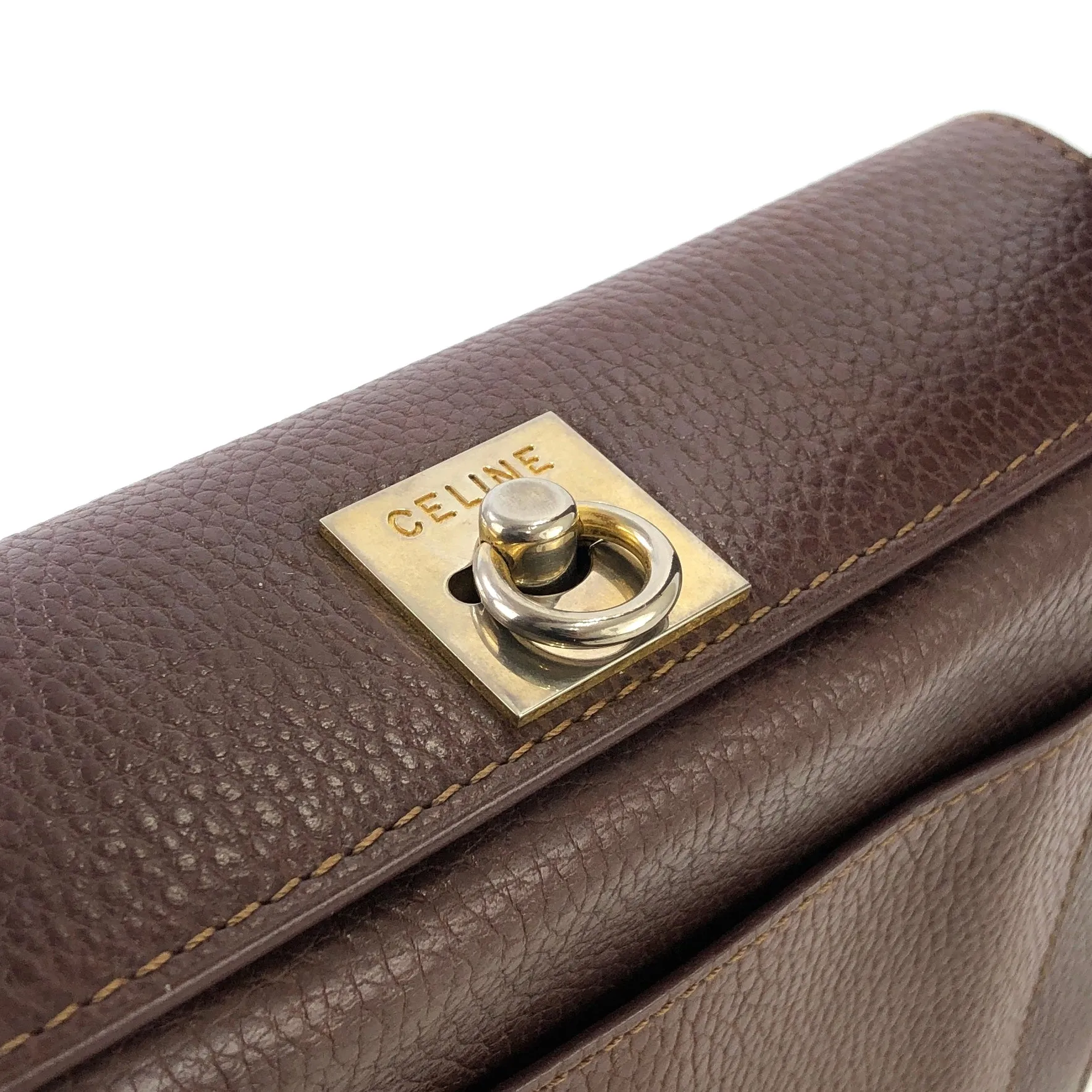 CELINE Gancini Logo Motif Square Leather Handbag Brown Vintage e8kt7d