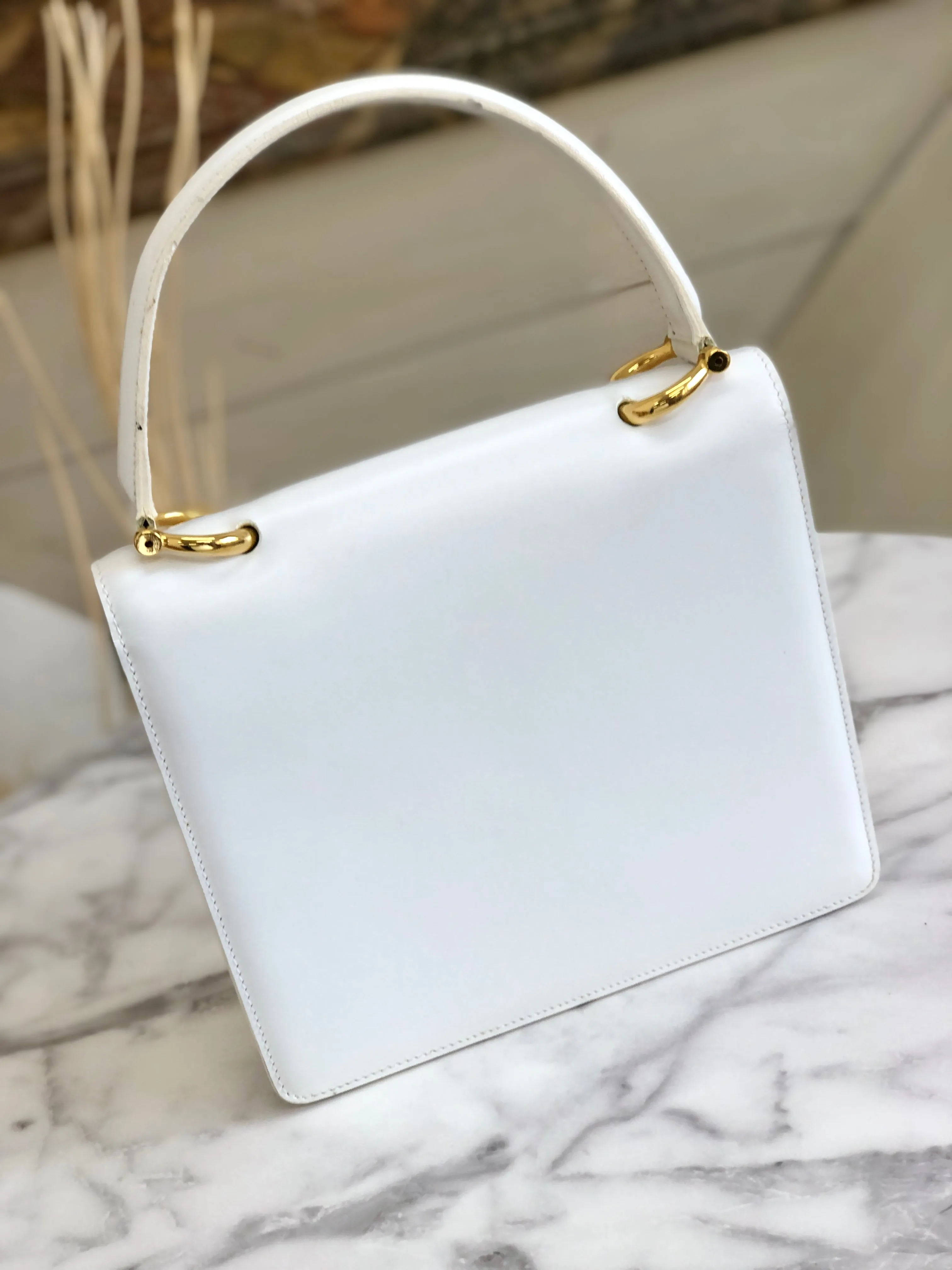 CELINE Horse bit Double Flap Leather Handbag White Vintage mxrdau