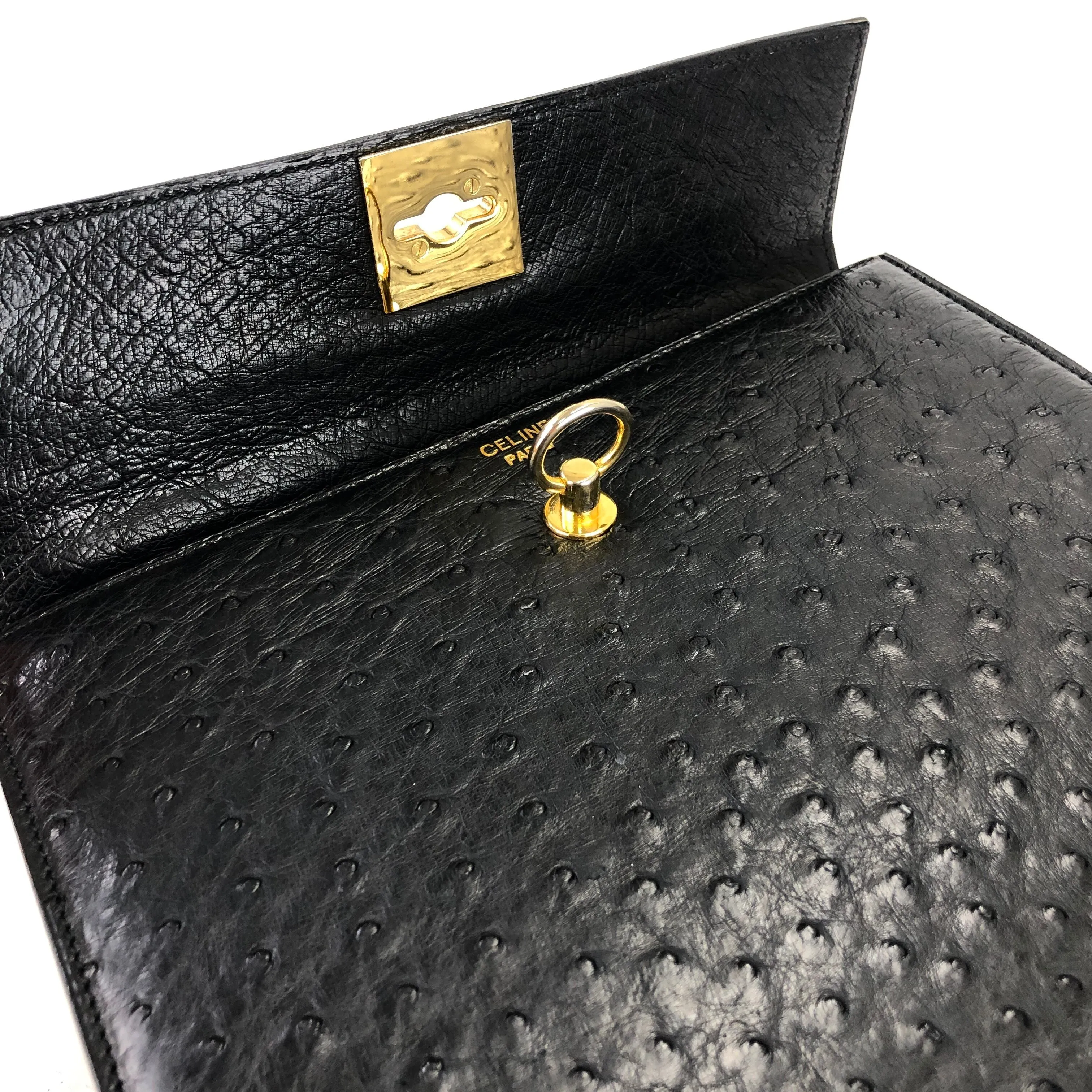 CELINE Mantel Chain Gancini Ostrich Leather Kelly Handbag Black Vintage Old CELINE auwsc2