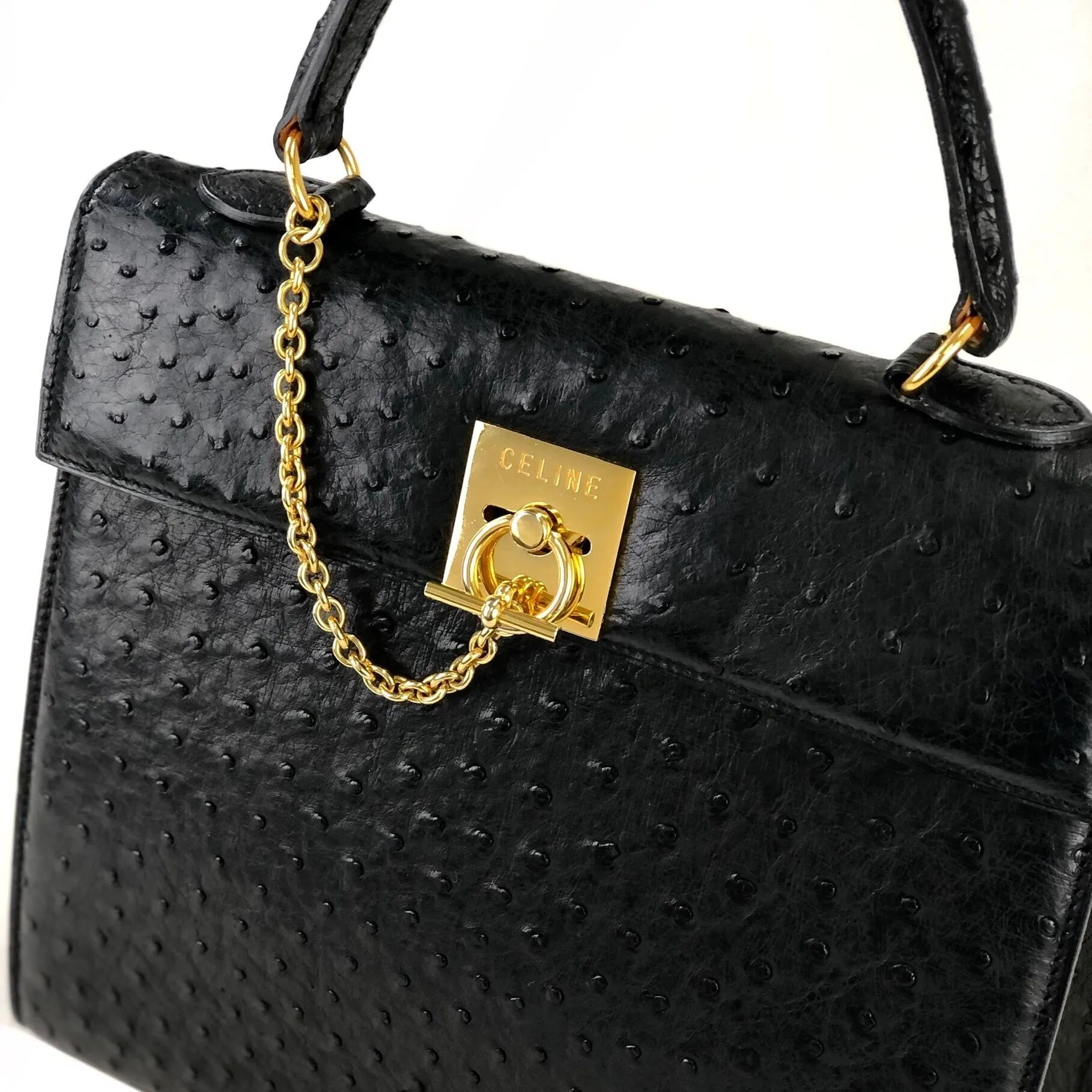CELINE Mantel Chain Gancini Ostrich Leather Kelly Handbag Black Vintage Old CELINE auwsc2