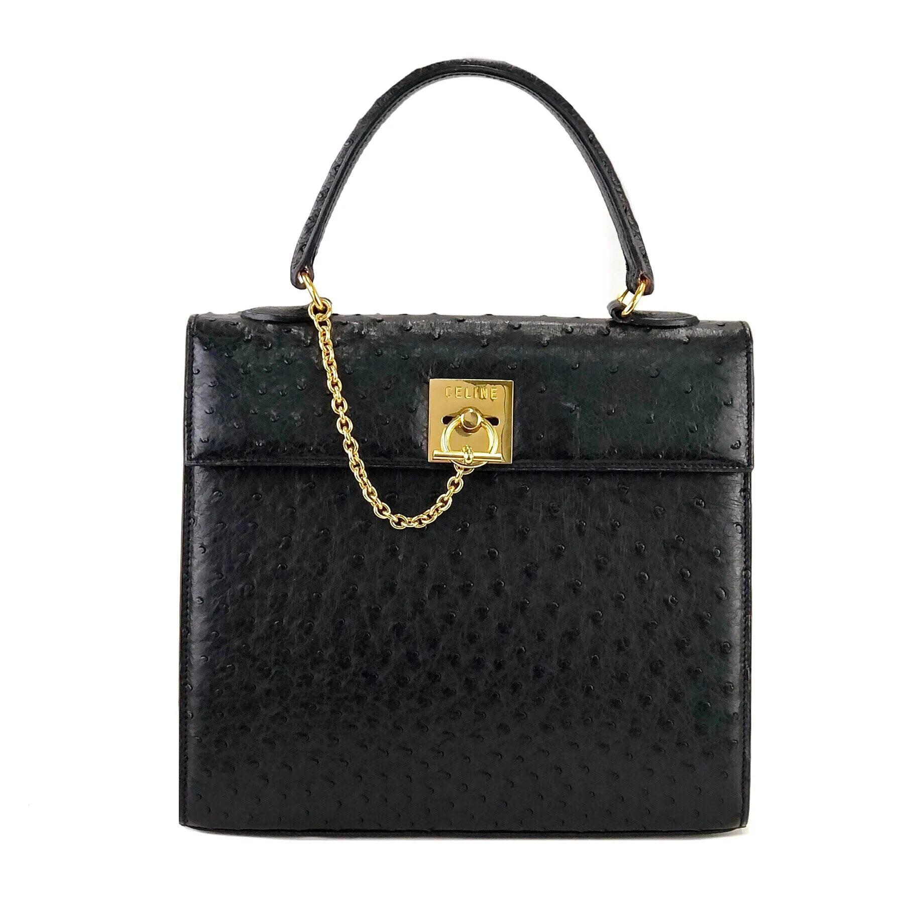 CELINE Mantel Chain Gancini Ostrich Leather Kelly Handbag Black Vintage Old CELINE auwsc2