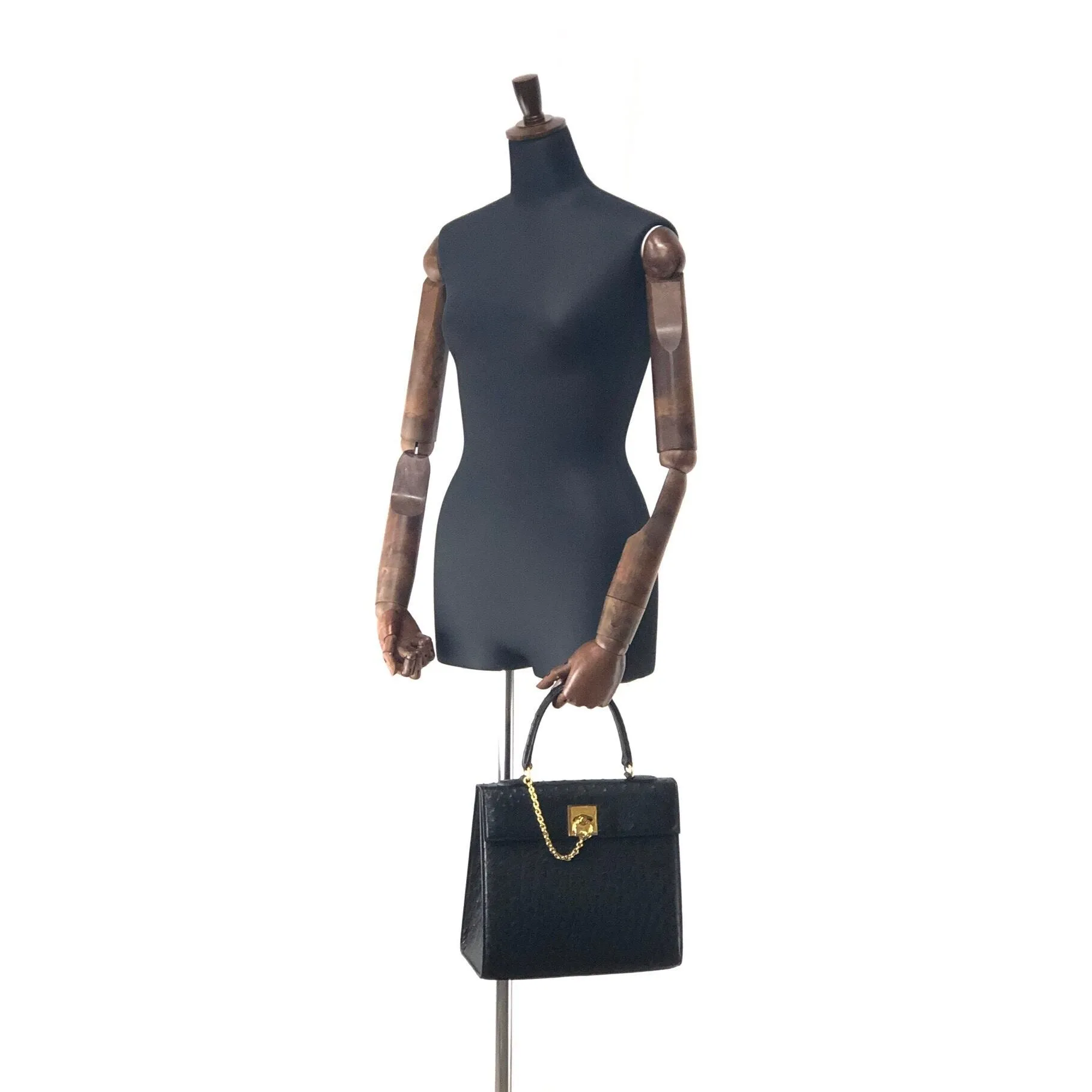 CELINE Mantel Chain Gancini Ostrich Leather Kelly Handbag Black Vintage Old CELINE auwsc2