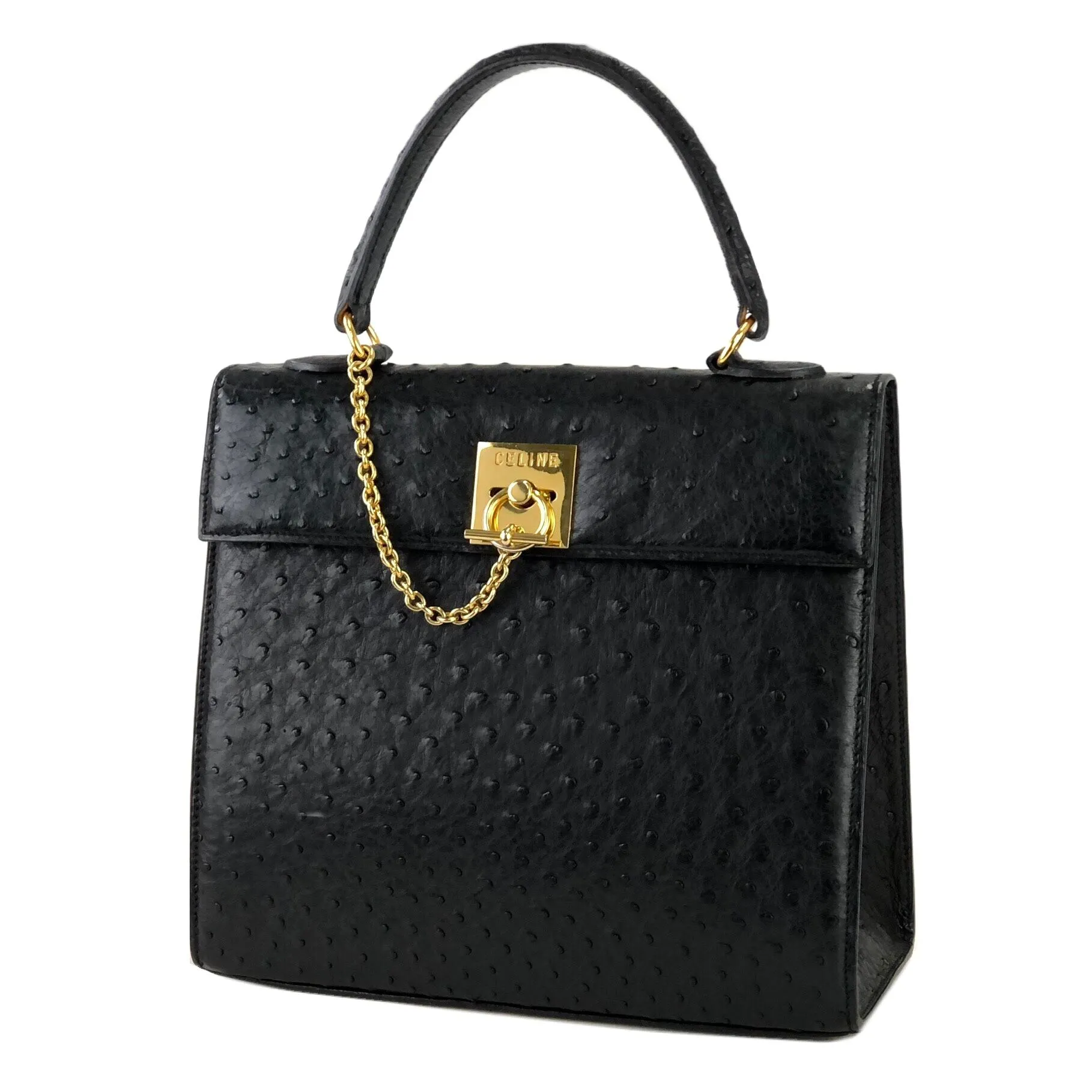 CELINE Mantel Chain Gancini Ostrich Leather Kelly Handbag Black Vintage Old CELINE auwsc2
