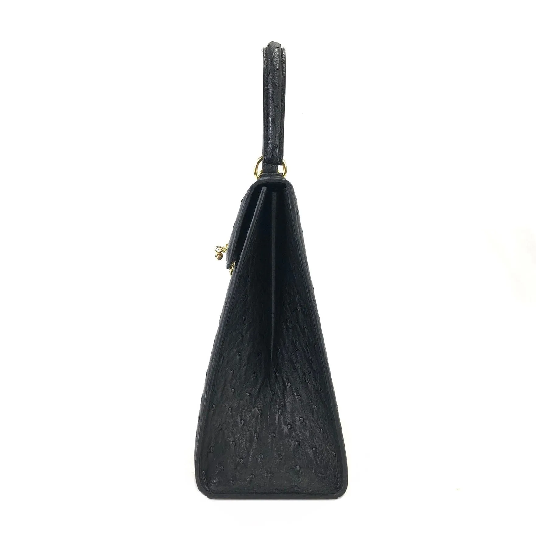 CELINE Mantel Chain Gancini Ostrich Leather Kelly Handbag Black Vintage Old CELINE auwsc2