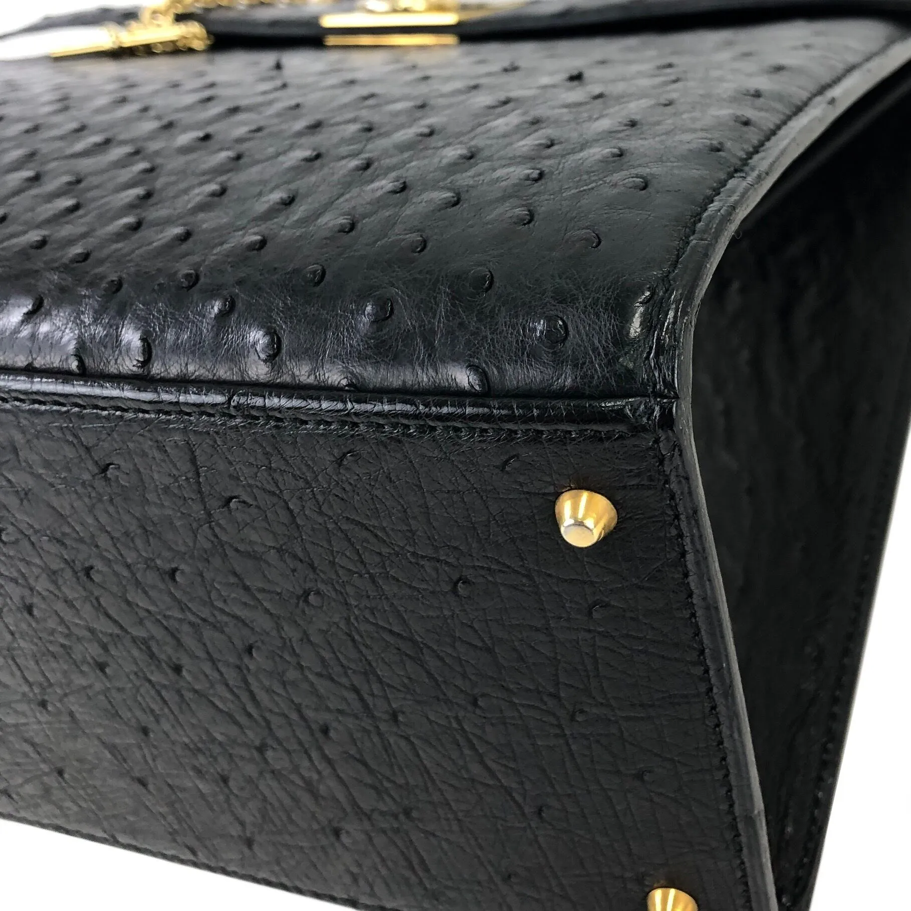 CELINE Mantel Chain Gancini Ostrich Leather Kelly Handbag Black Vintage Old CELINE auwsc2