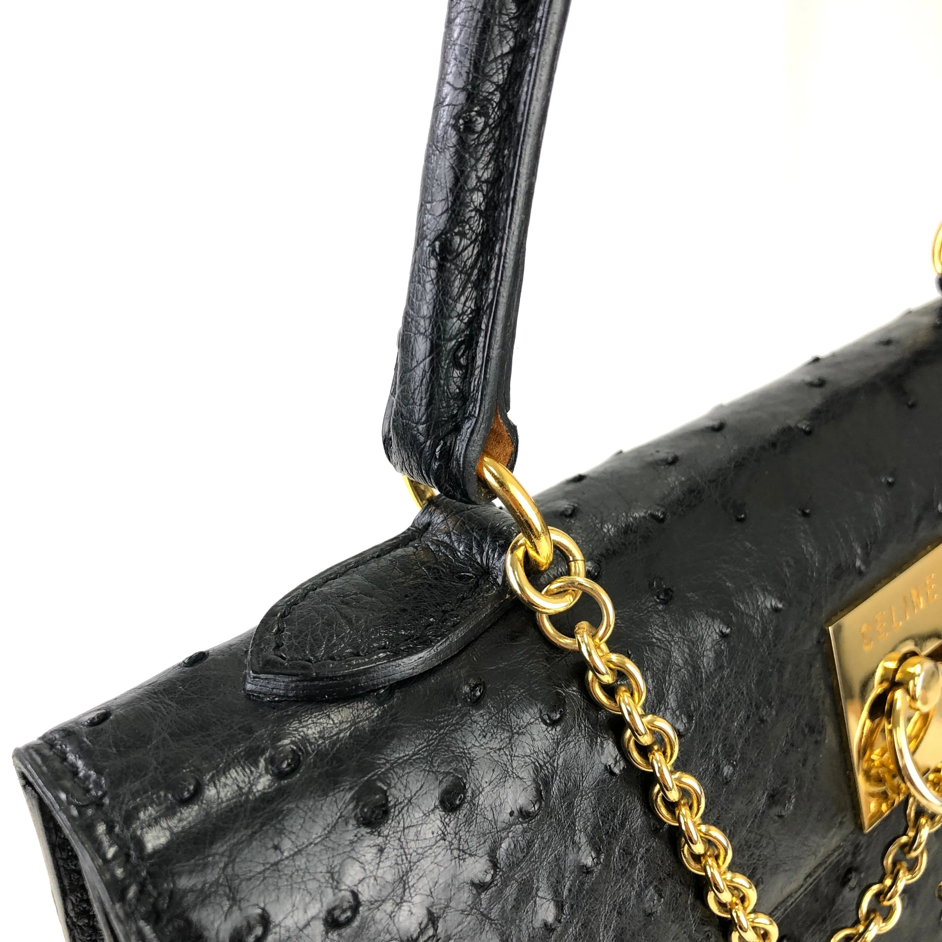 CELINE Mantel Chain Gancini Ostrich Leather Kelly Handbag Black Vintage Old CELINE auwsc2