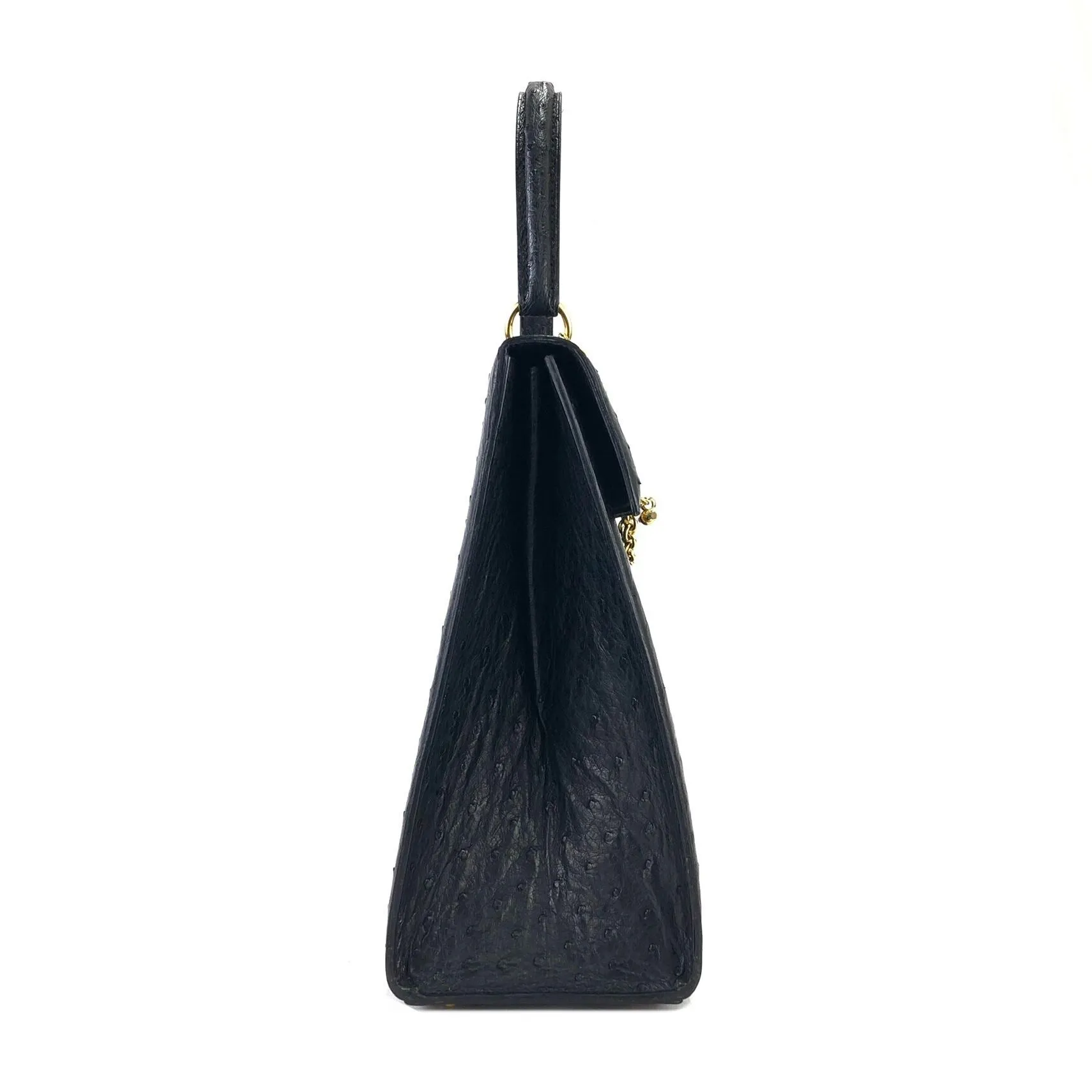 CELINE Mantel Chain Gancini Ostrich Leather Kelly Handbag Black Vintage Old CELINE auwsc2