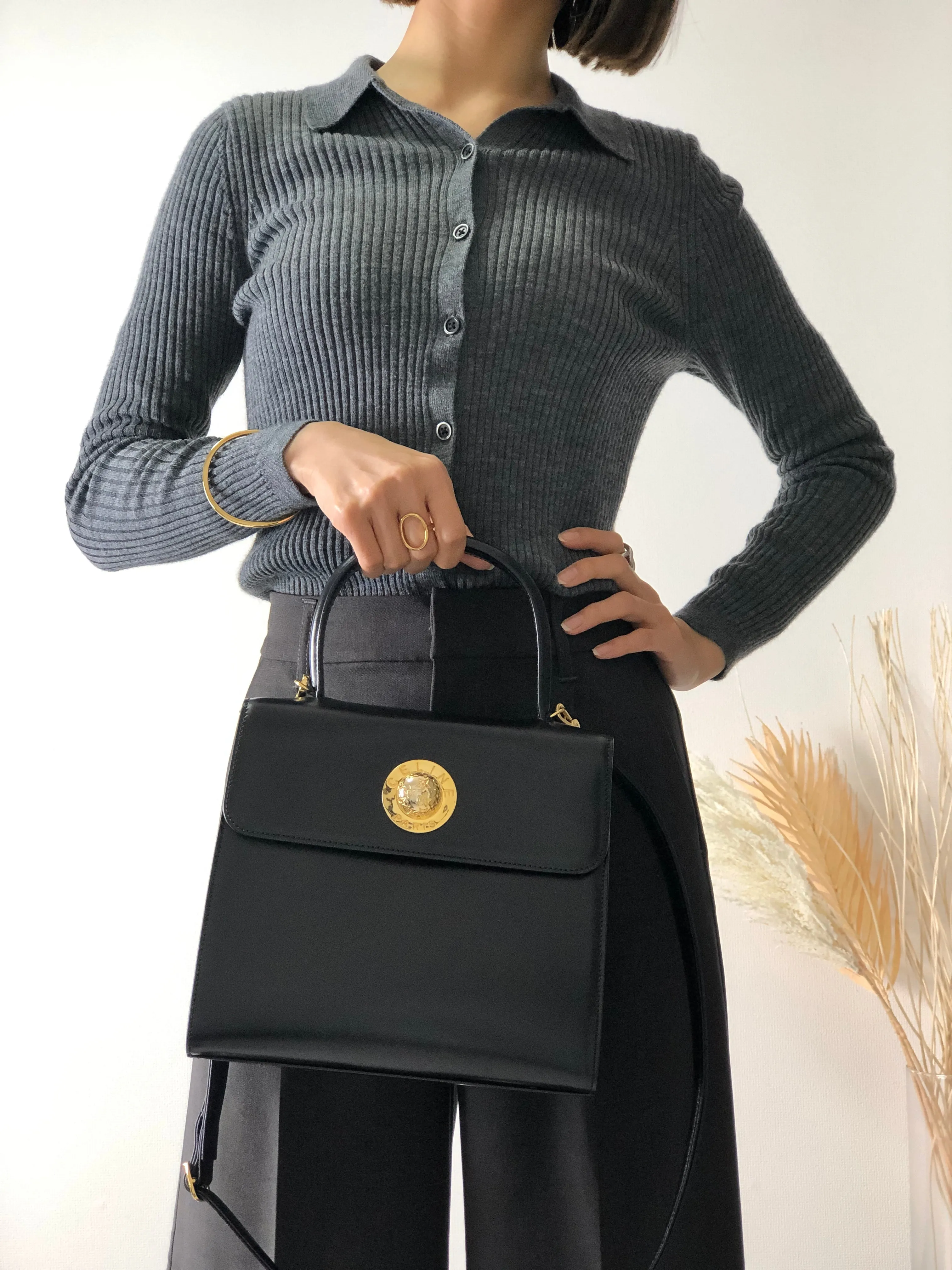 CELINE Starball Leather Two-way Handbag Shoulder bag Black Vintage zvnpgk
