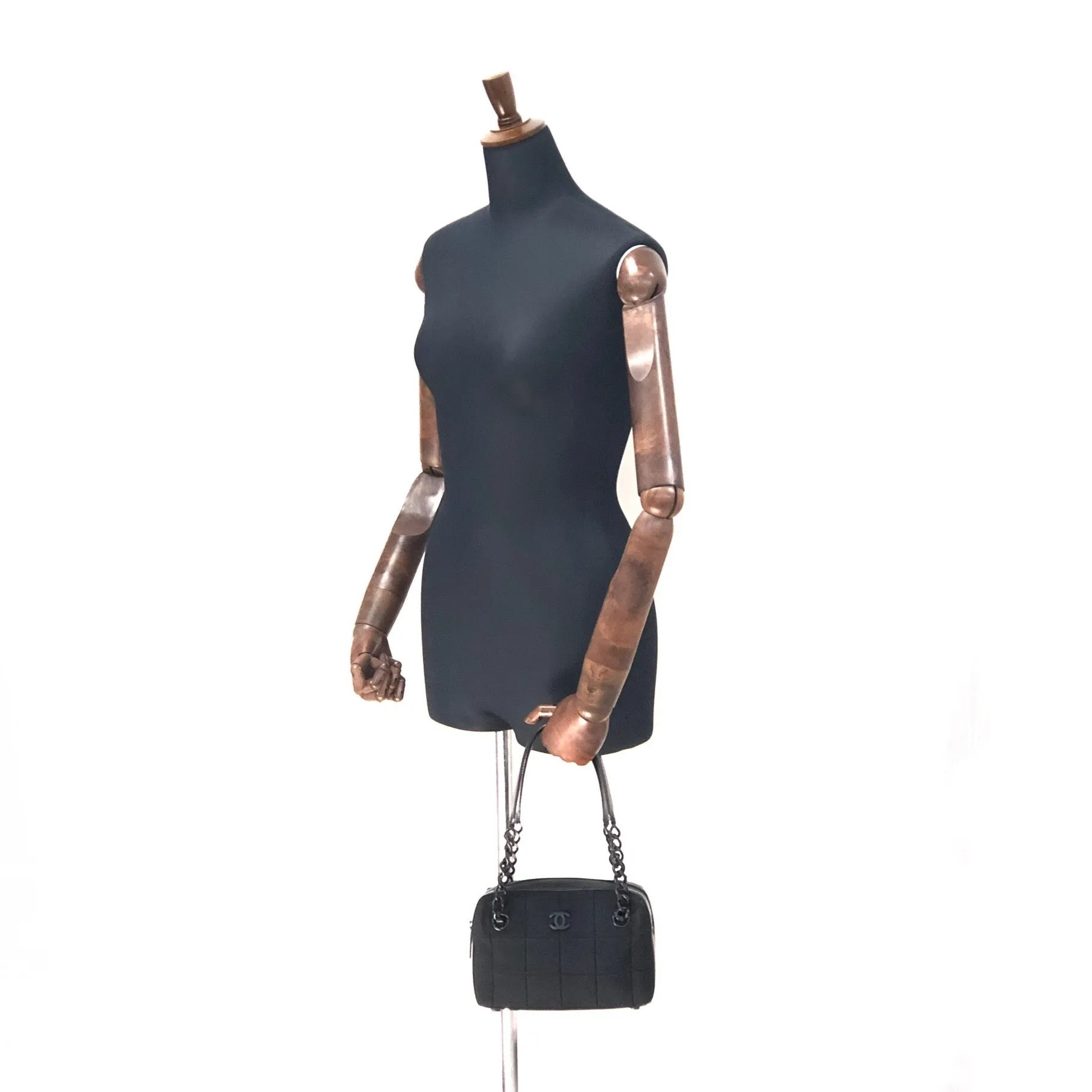 CHANEL Chocolate bar Fabric Chain Handbag Shoulder bag Black Vintage Old b7kuuv