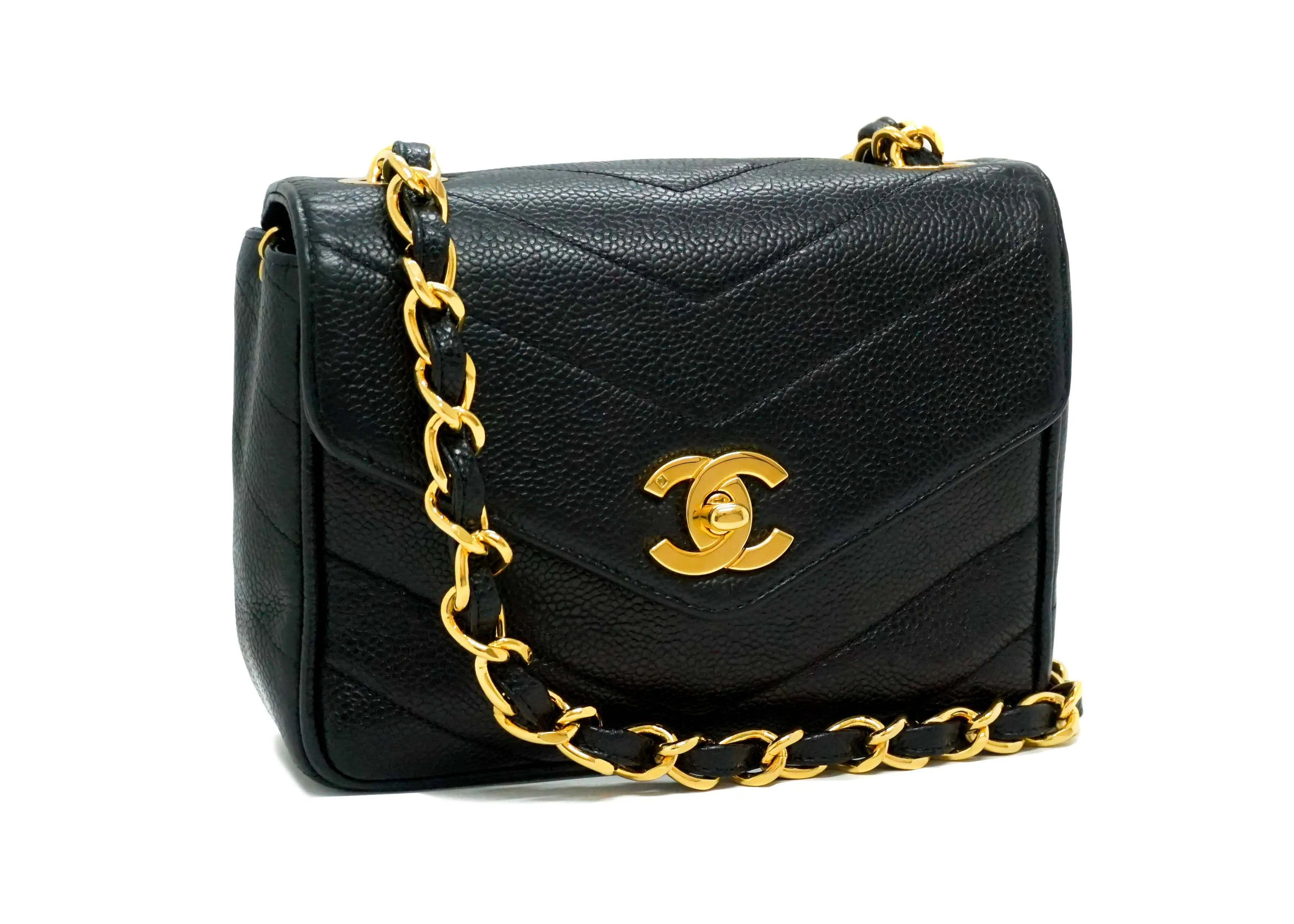 Chanel Vintage Rare Black Caviar Chevron Mini