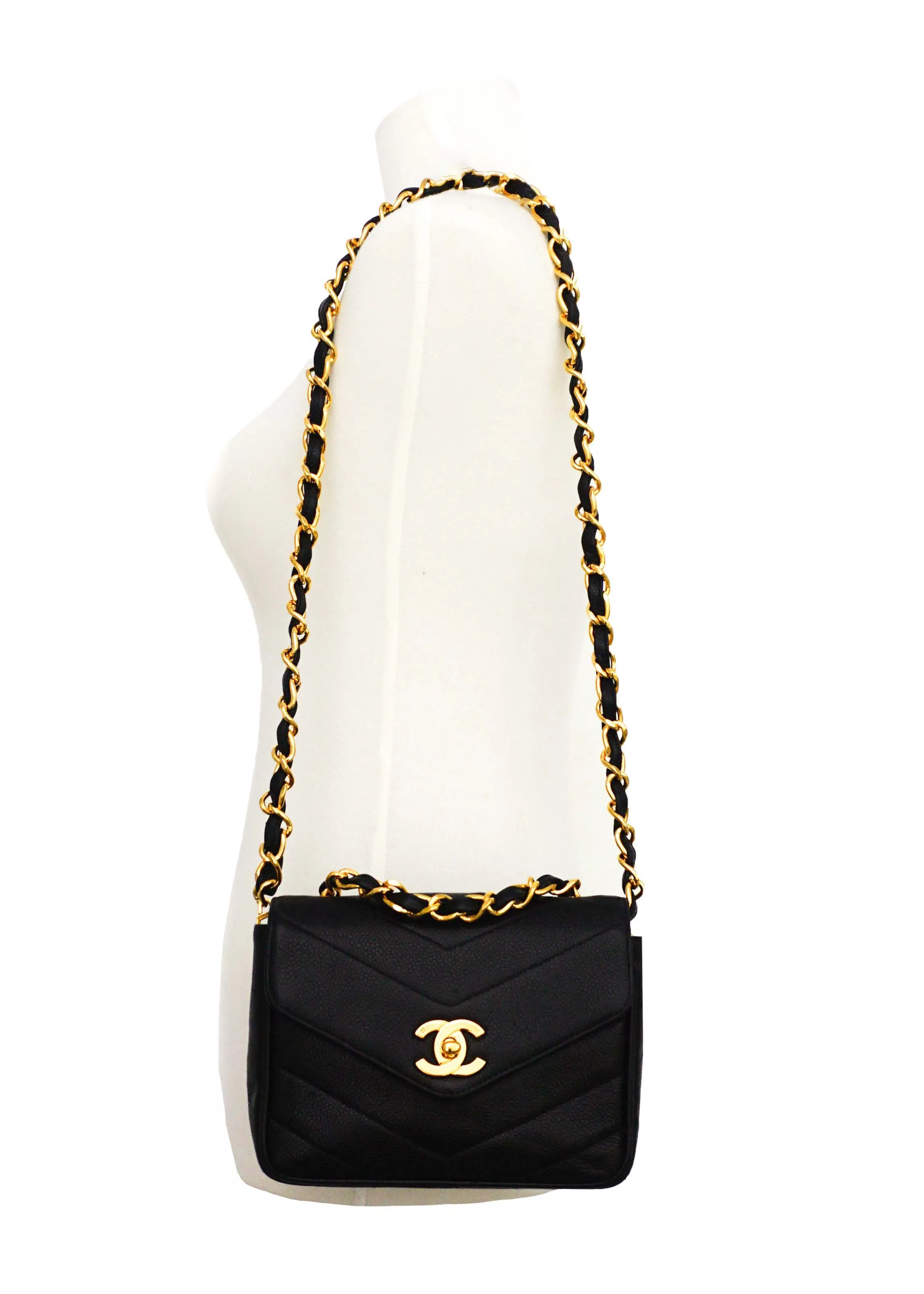 Chanel Vintage Rare Black Caviar Chevron Mini