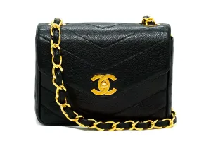 Chanel Vintage Rare Black Caviar Chevron Mini
