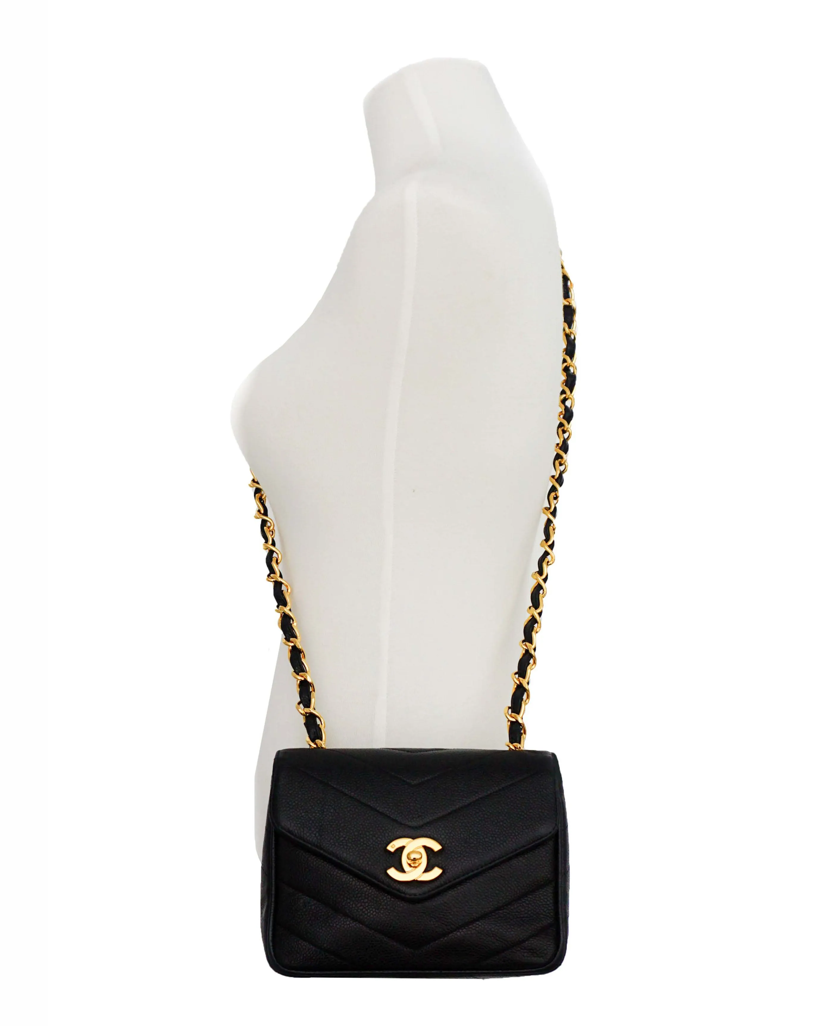 Chanel Vintage Rare Black Caviar Chevron Mini