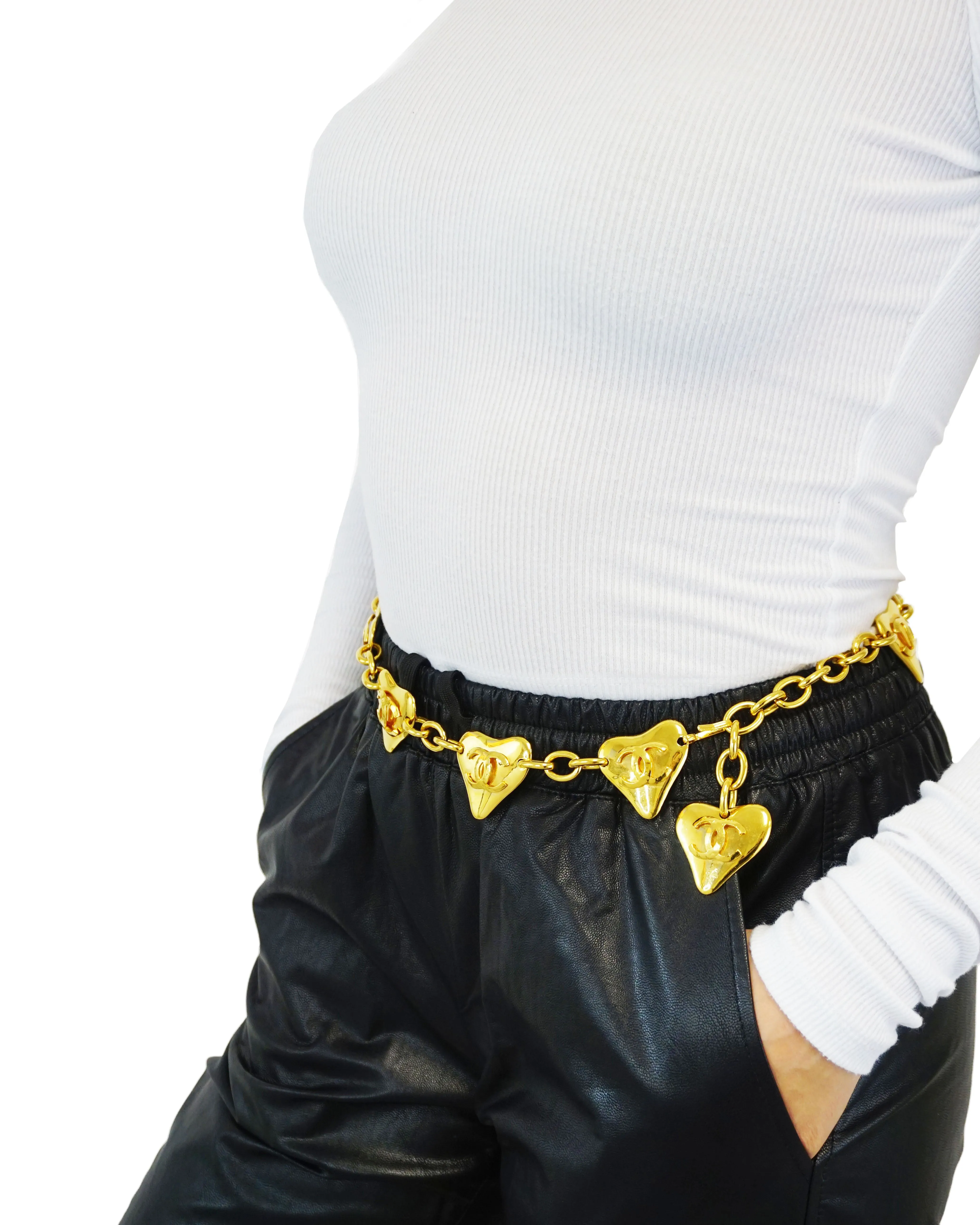 Chanel Vintage Rare Heart Charm Gold Belt