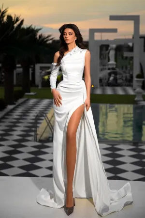 Charming Long White One Shoulder Sleeveless Prom Dresses With Pearls
