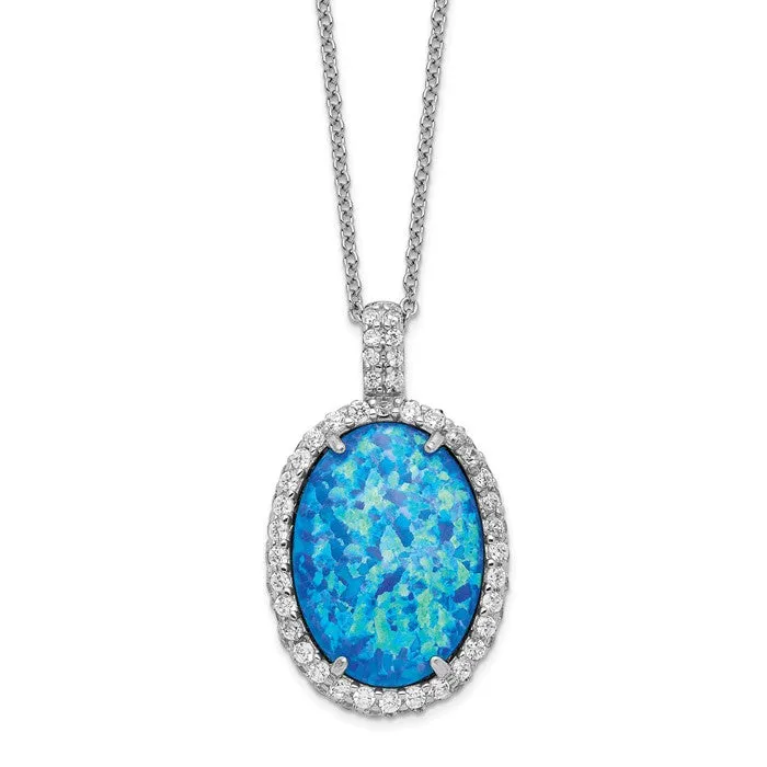 Cheryl M Sterling Silver Blue Oval Opal & CZ Halo Pendant Necklace